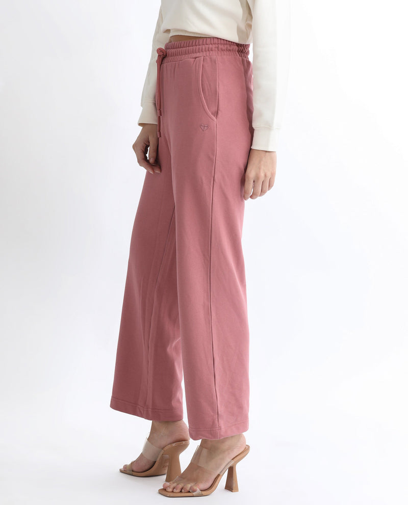 Rareism Women Pazoo T Dusky Pink Cotton Blend Fabric Flared Solid Mid Rise Ankle Length Track Pant