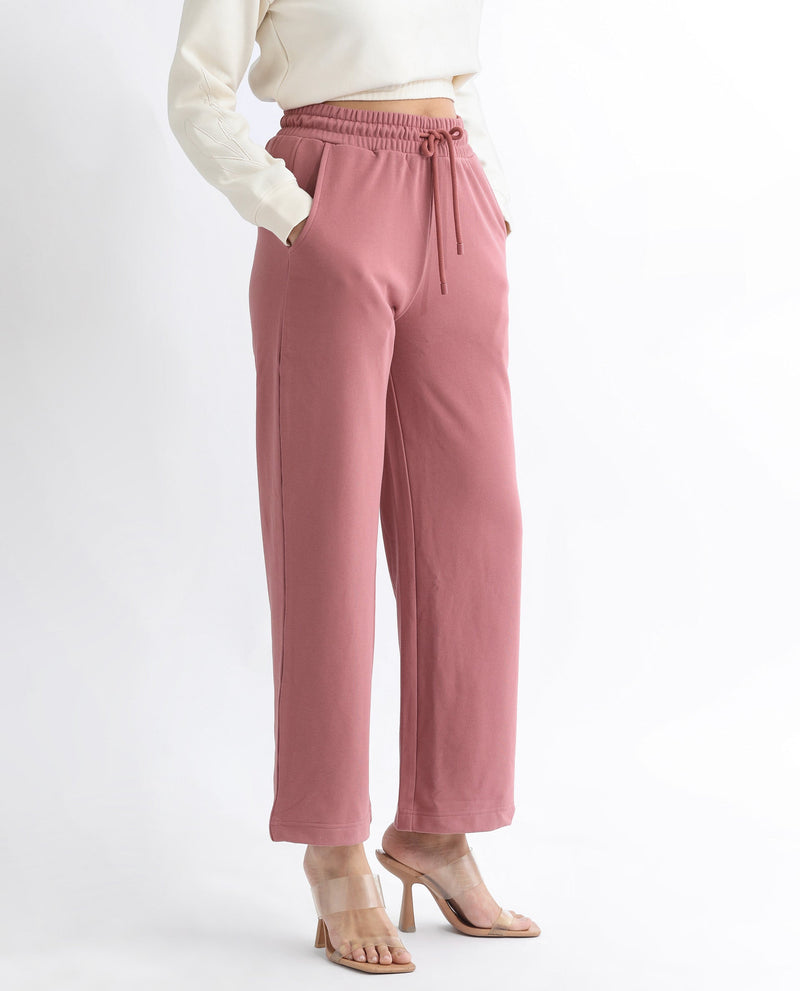 Rareism Women Pazoo T Dusky Pink Cotton Blend Fabric Flared Solid Mid Rise Ankle Length Track Pant