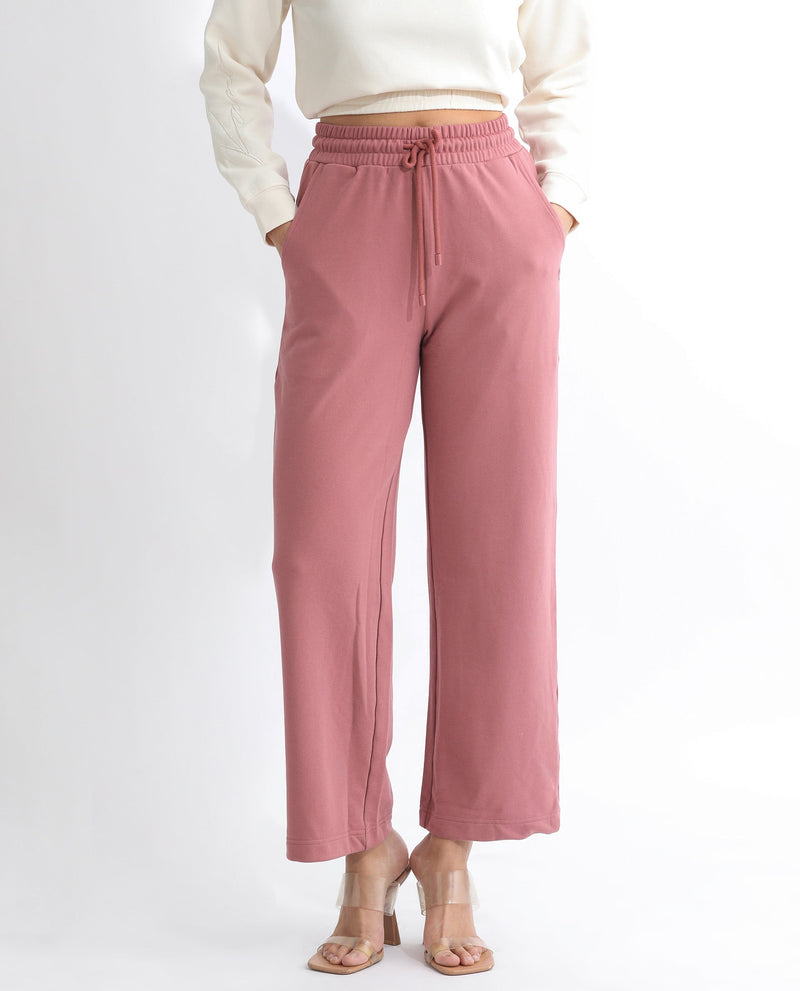 Rareism Women Pazoo T Dusky Pink Cotton Blend Fabric Flared Solid Mid Rise Ankle Length Track Pant