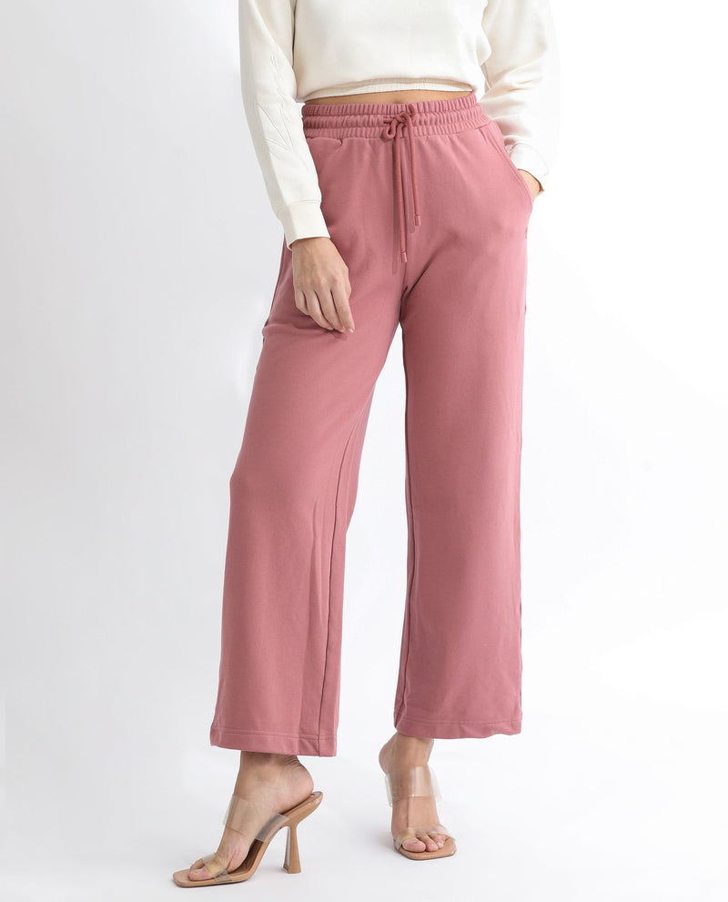 Rareism Women Pazoo T Dusky Pink Cotton Blend Fabric Flared Solid Mid Rise Ankle Length Track Pant