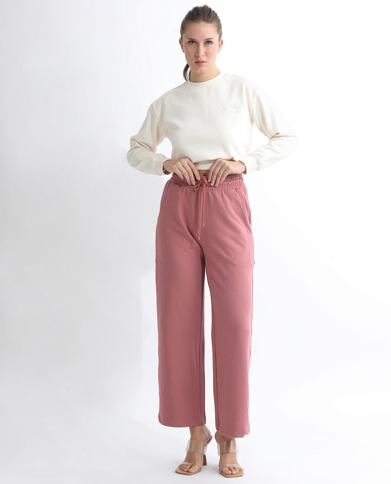 Rareism Women Pazoo T Dusky Pink Cotton Blend Fabric Flared Solid Mid Rise Ankle Length Track Pant