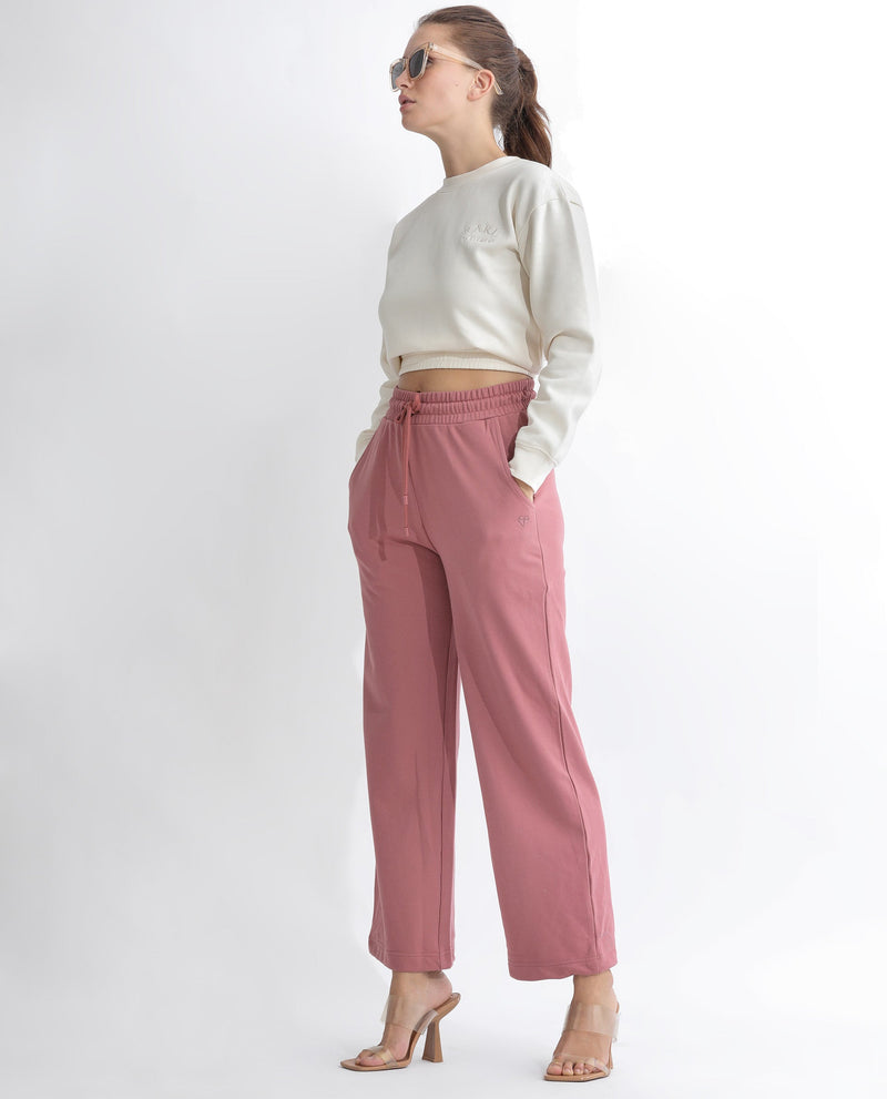 Rareism Women Pazoo T Dusky Pink Cotton Blend Fabric Flared Solid Mid Rise Ankle Length Track Pant