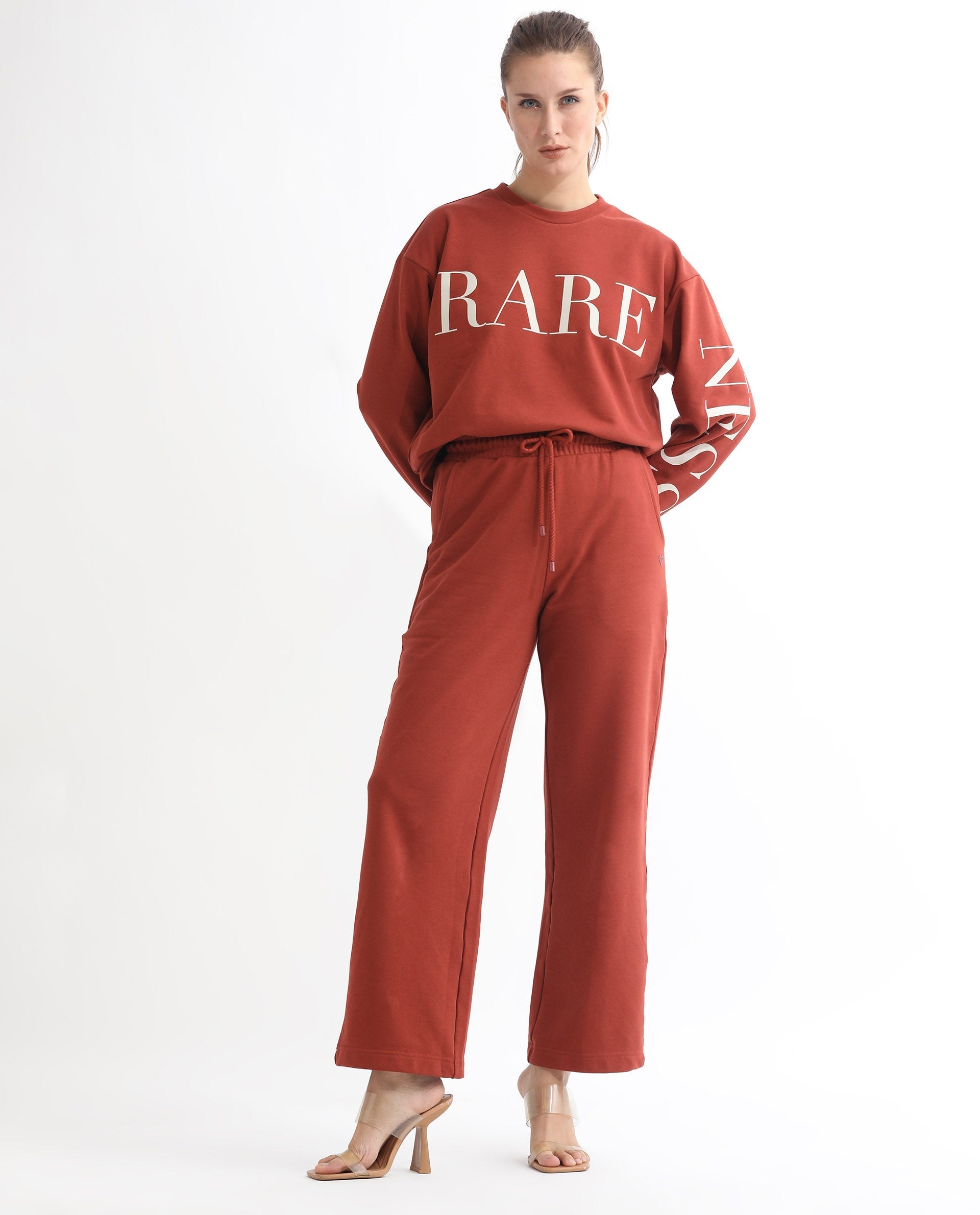 Rareism Women's Pazoo T Rust Cotton Blend Plain Ankle Length Flared Track Pant