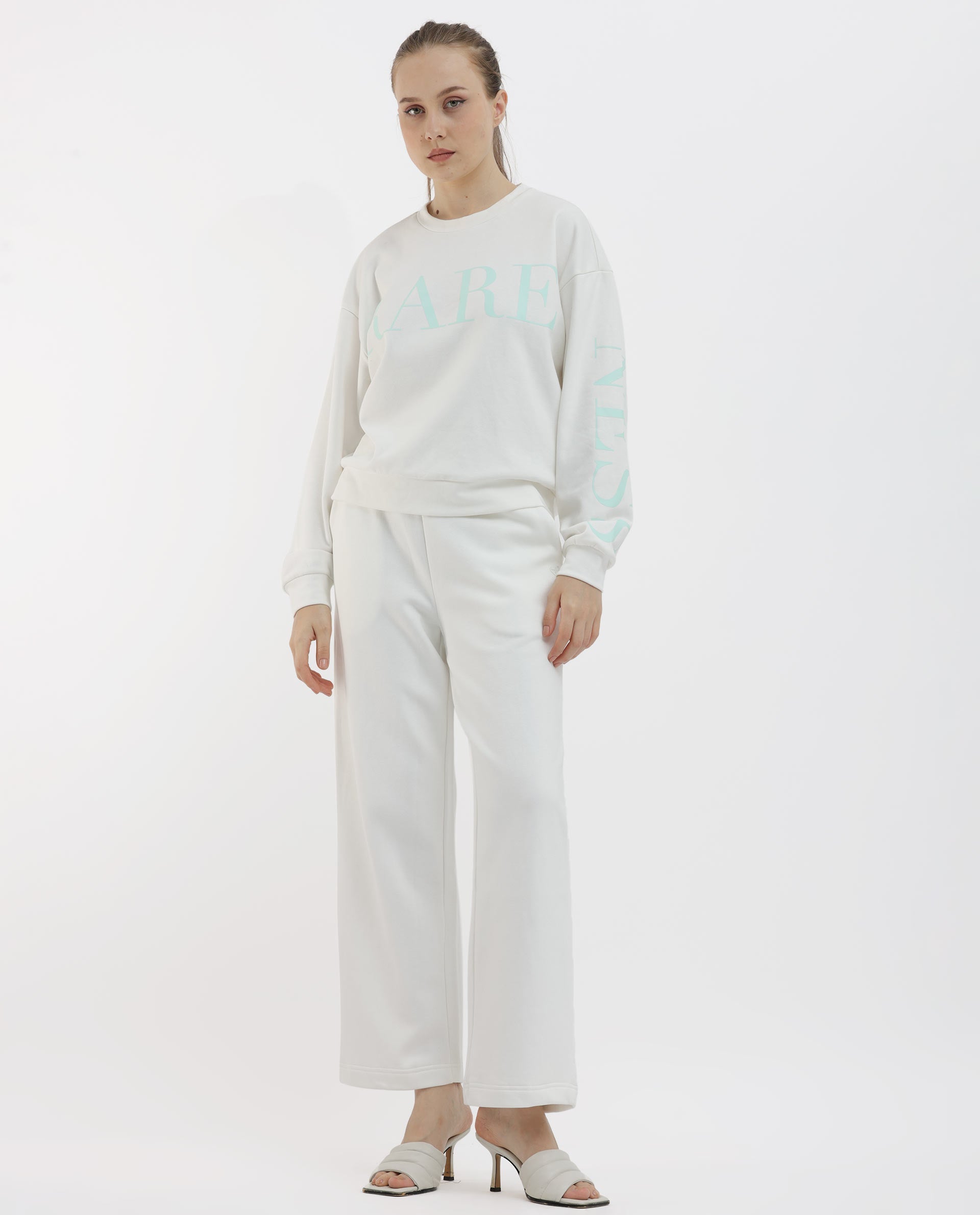 Rareism Women's Pazoo F1 Off White Cotton Blend Plain Ankle Length Flared Track Pant