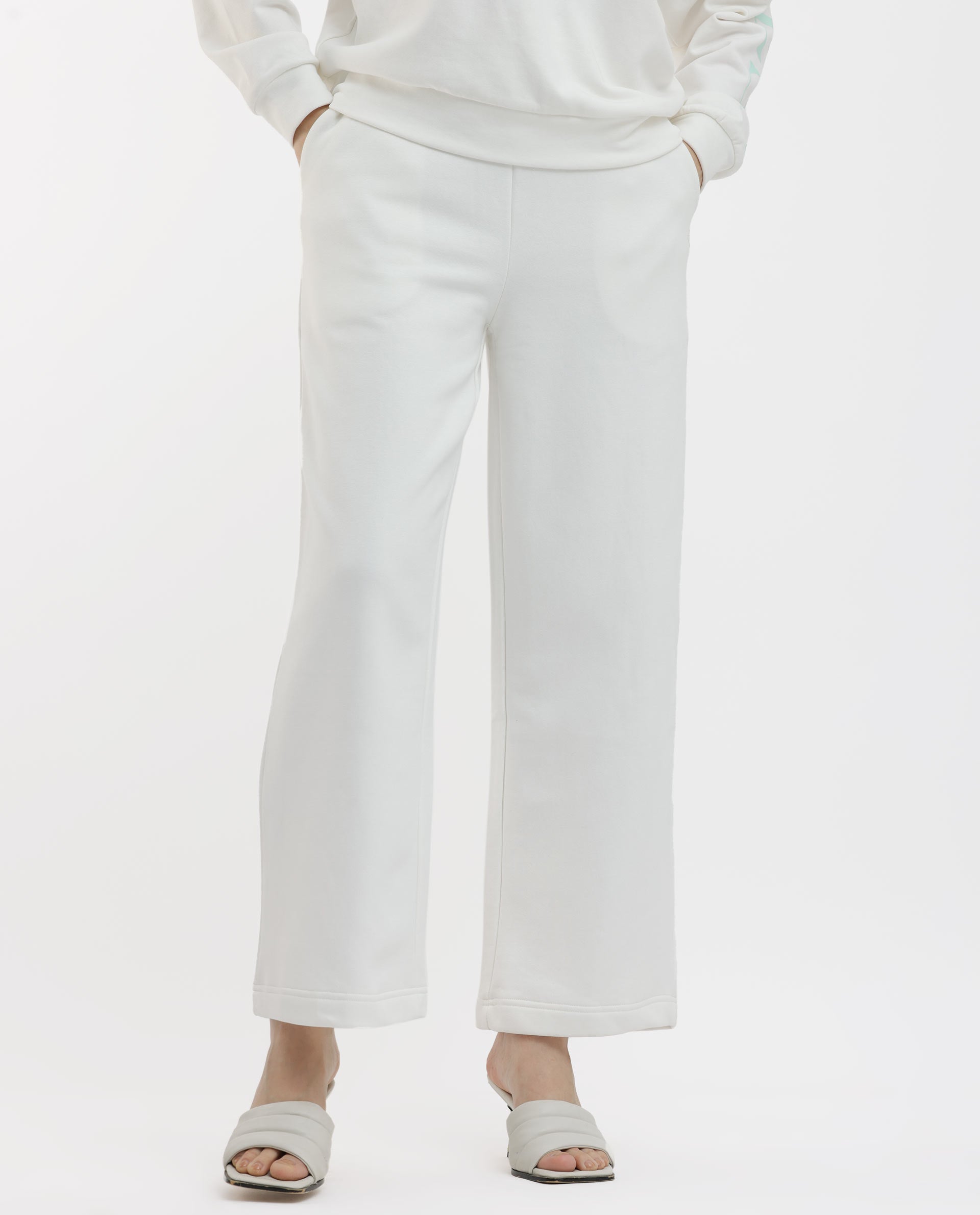 Rareism Women's Pazoo F1 Off White Cotton Blend Plain Ankle Length Flared Track Pant