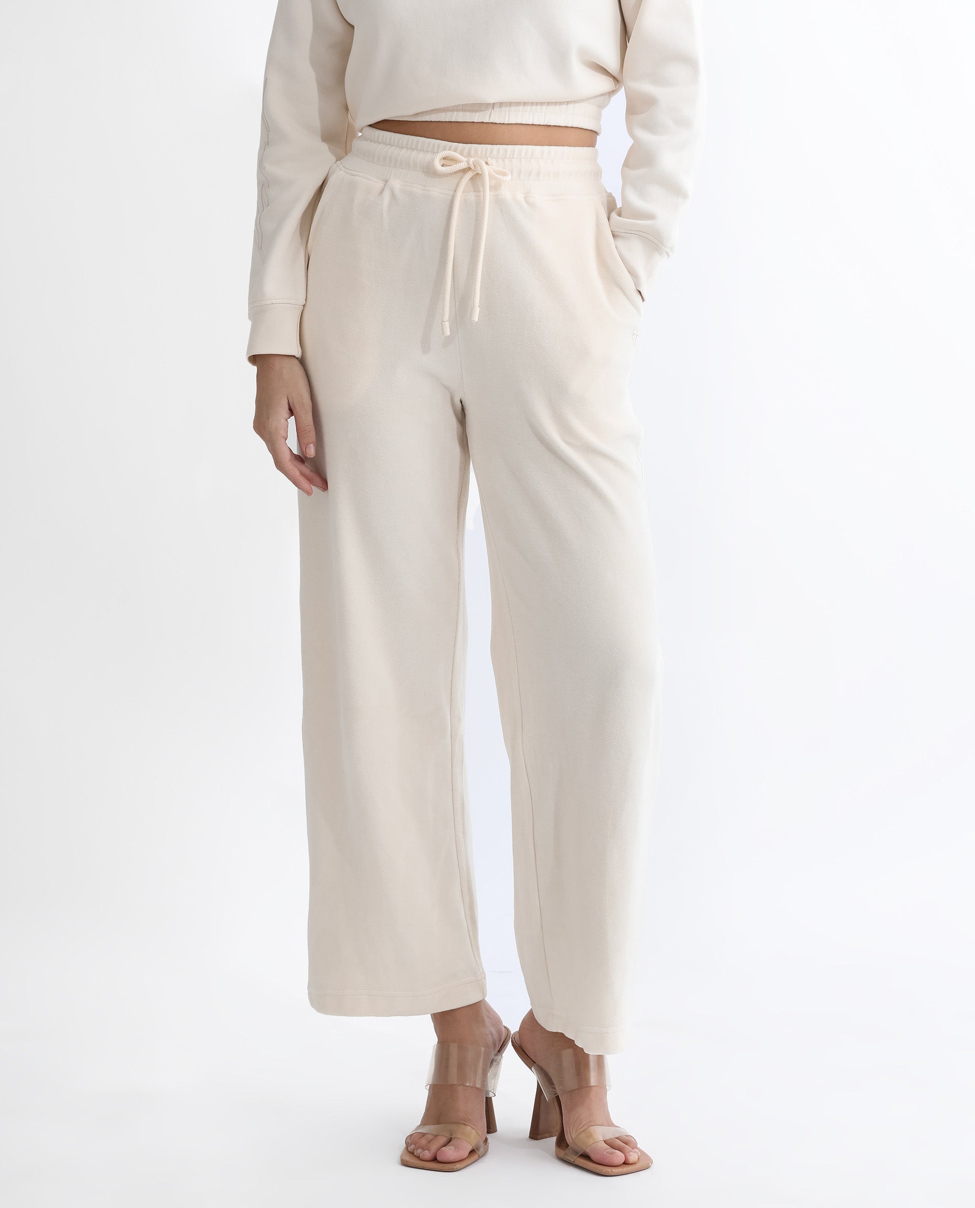 Rareism Women's Pazoo Tt Beige Cotton Blend Plain Ankle Length Flared Track Pant