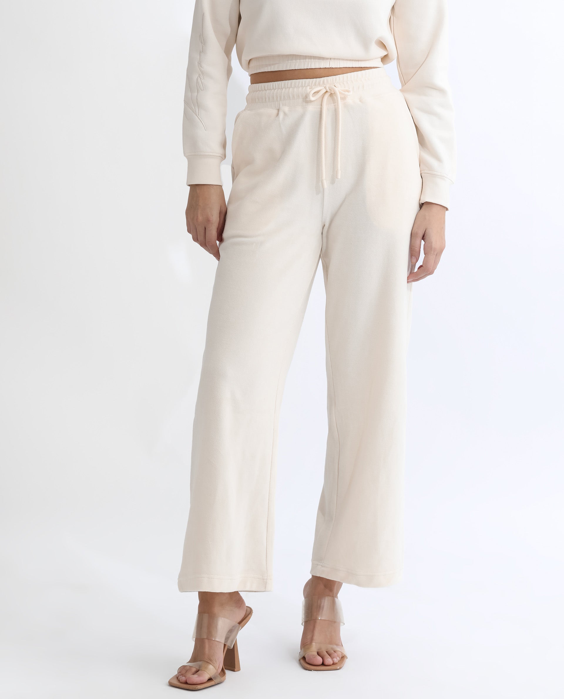 Rareism Women's Pazoo Tt Beige Cotton Blend Plain Ankle Length Flared Track Pant