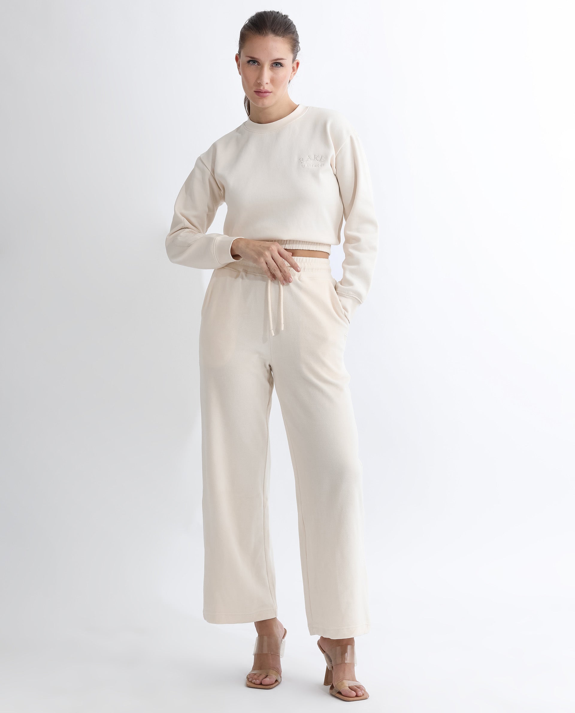 Rareism Women's Pazoo Tt Beige Cotton Blend Plain Ankle Length Flared Track Pant