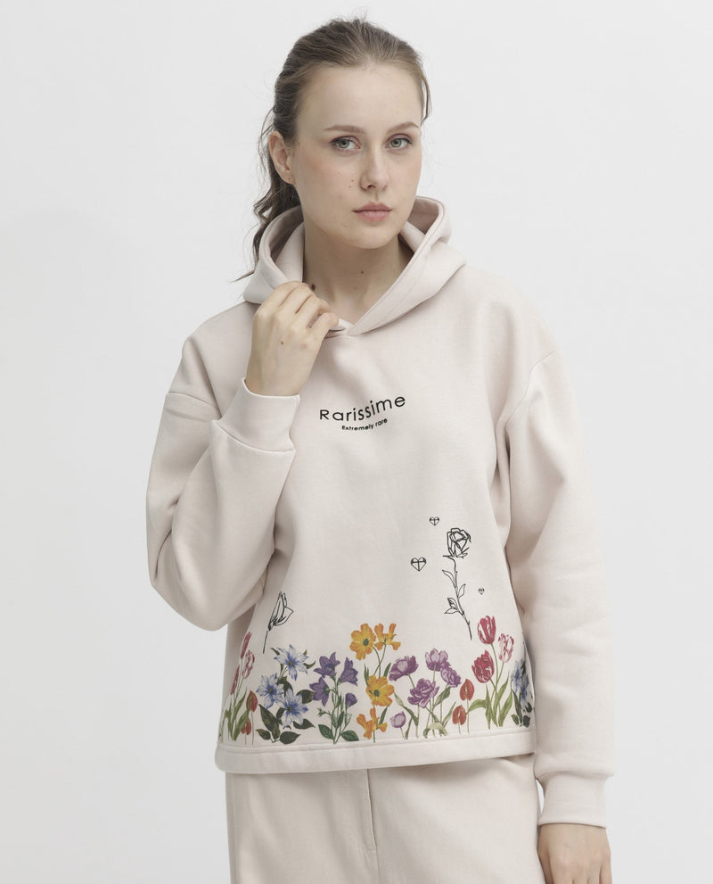 Rareism Articale Women Pearson Beige Poly Cotton Fabric Full Sleeves Cuffed Sleeve Hooded Regular Fit Floral Print Sweatshirt