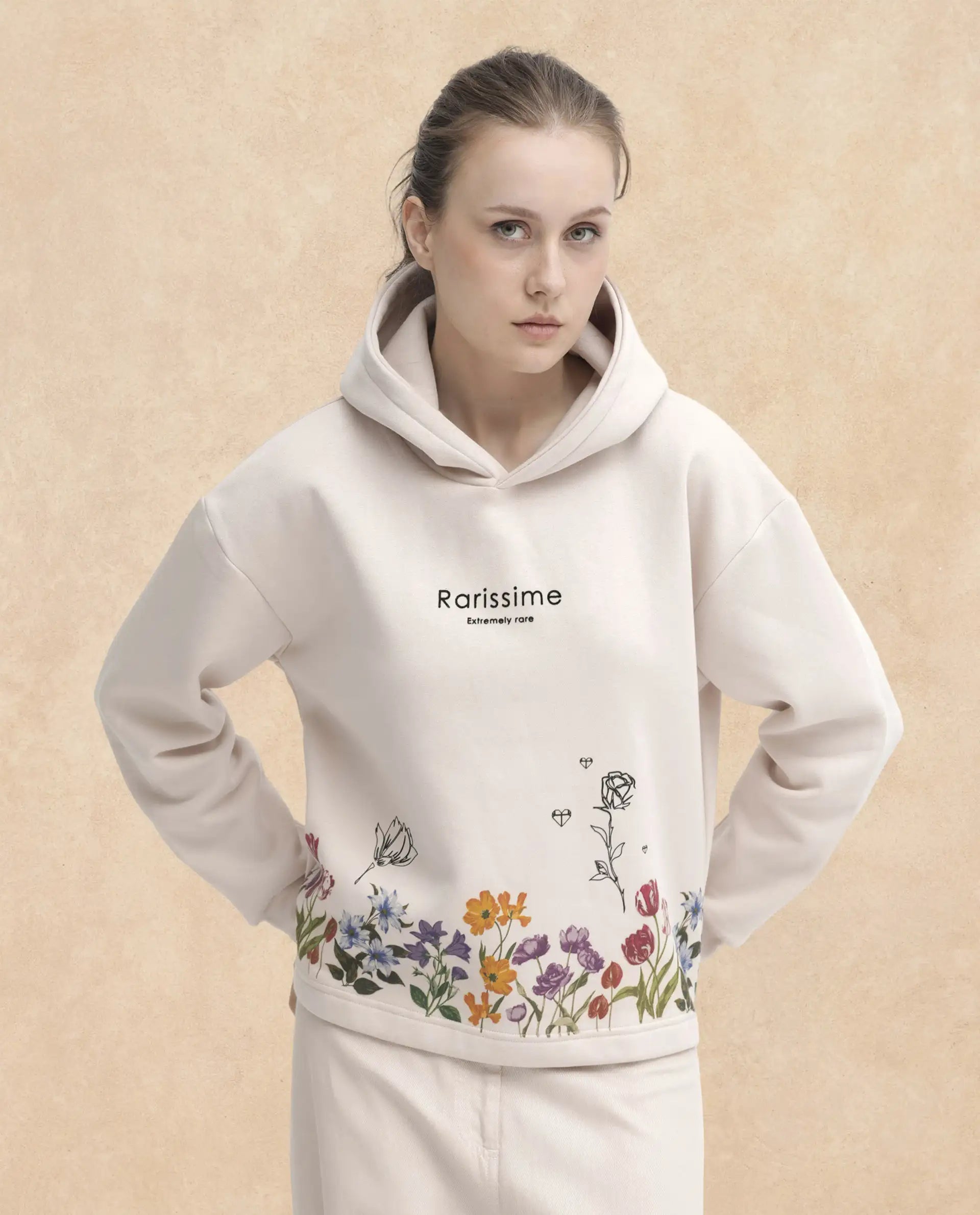 Rareism Articale Women Pearson Beige Poly Cotton Fabric Full Sleeves Cuffed Sleeve Hooded Regular Fit Floral Print Sweatshirt