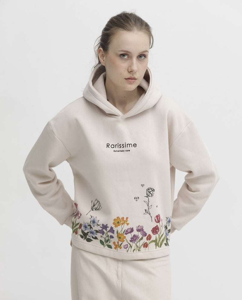 Rareism Articale Women Pearson Beige Poly Cotton Fabric Full Sleeves Cuffed Sleeve Hooded Regular Fit Floral Print Sweatshirt