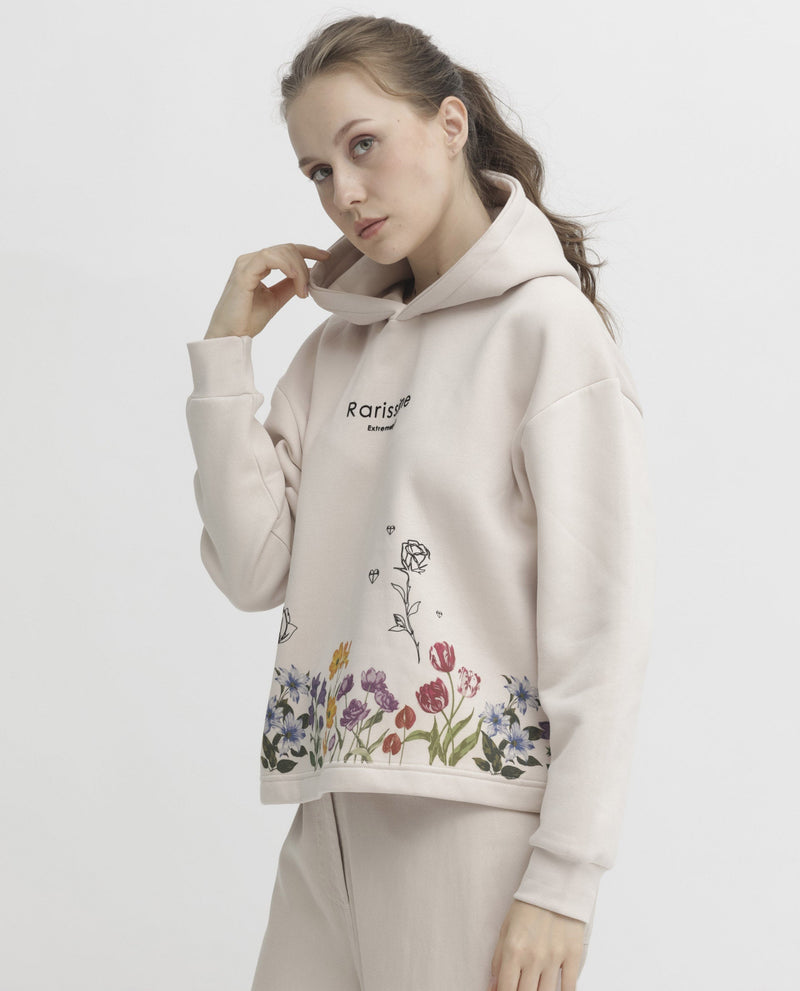 Rareism Articale Women Pearson Beige Poly Cotton Fabric Full Sleeves Cuffed Sleeve Hooded Regular Fit Floral Print Sweatshirt