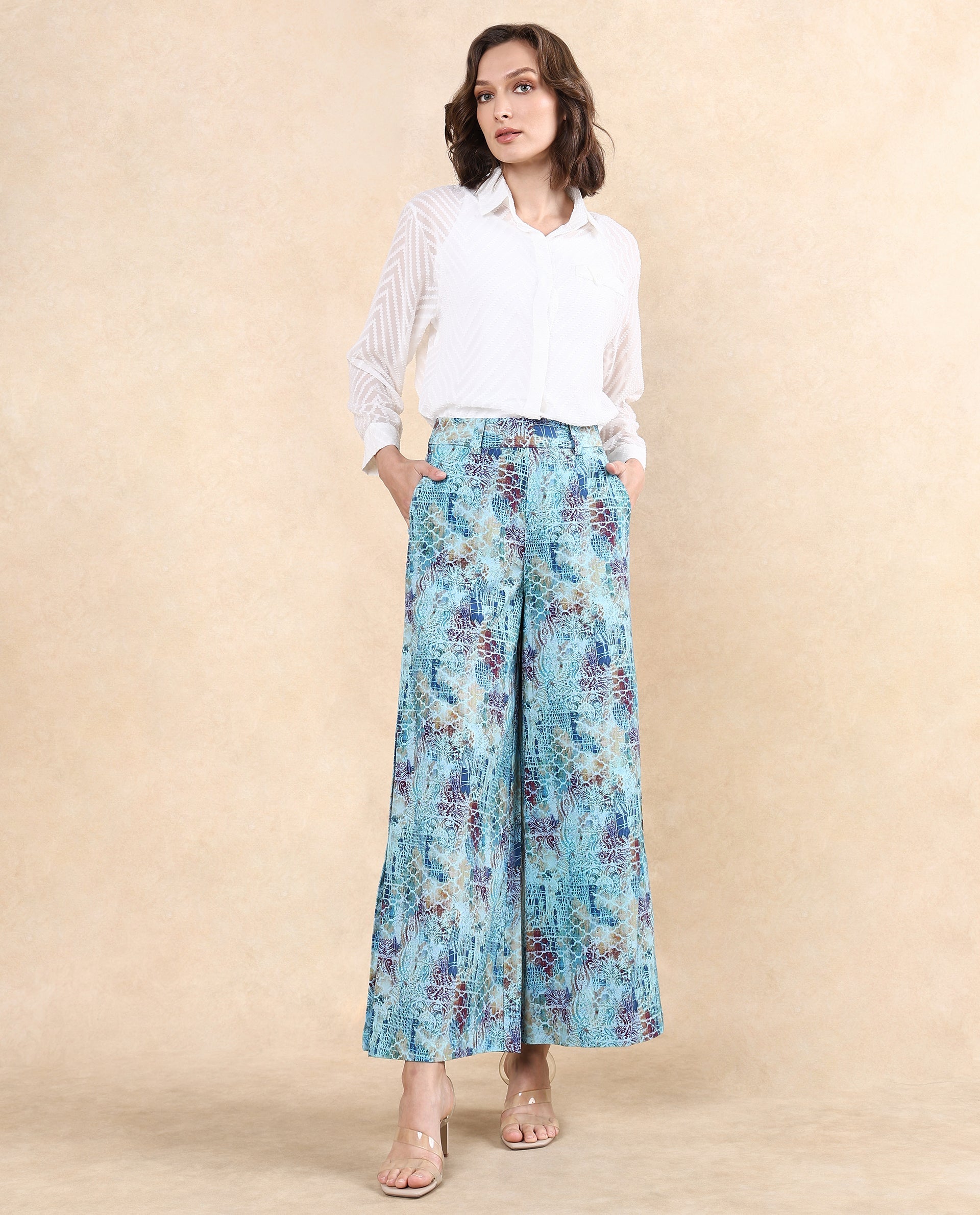 Rareism Women Pescara Multi Button Closure Wide Fit Ankle Length Abstract Print Trouser