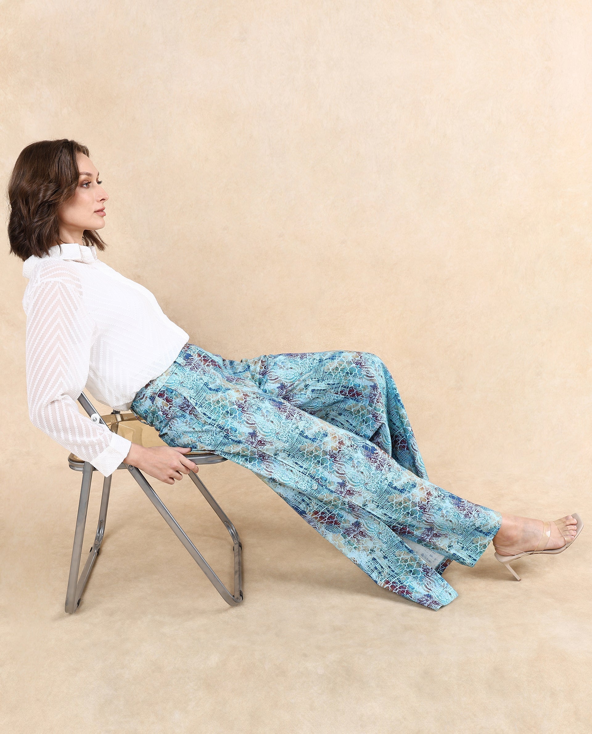 Rareism Women Pescara Multi Button Closure Wide Fit Ankle Length Abstract Print Trouser