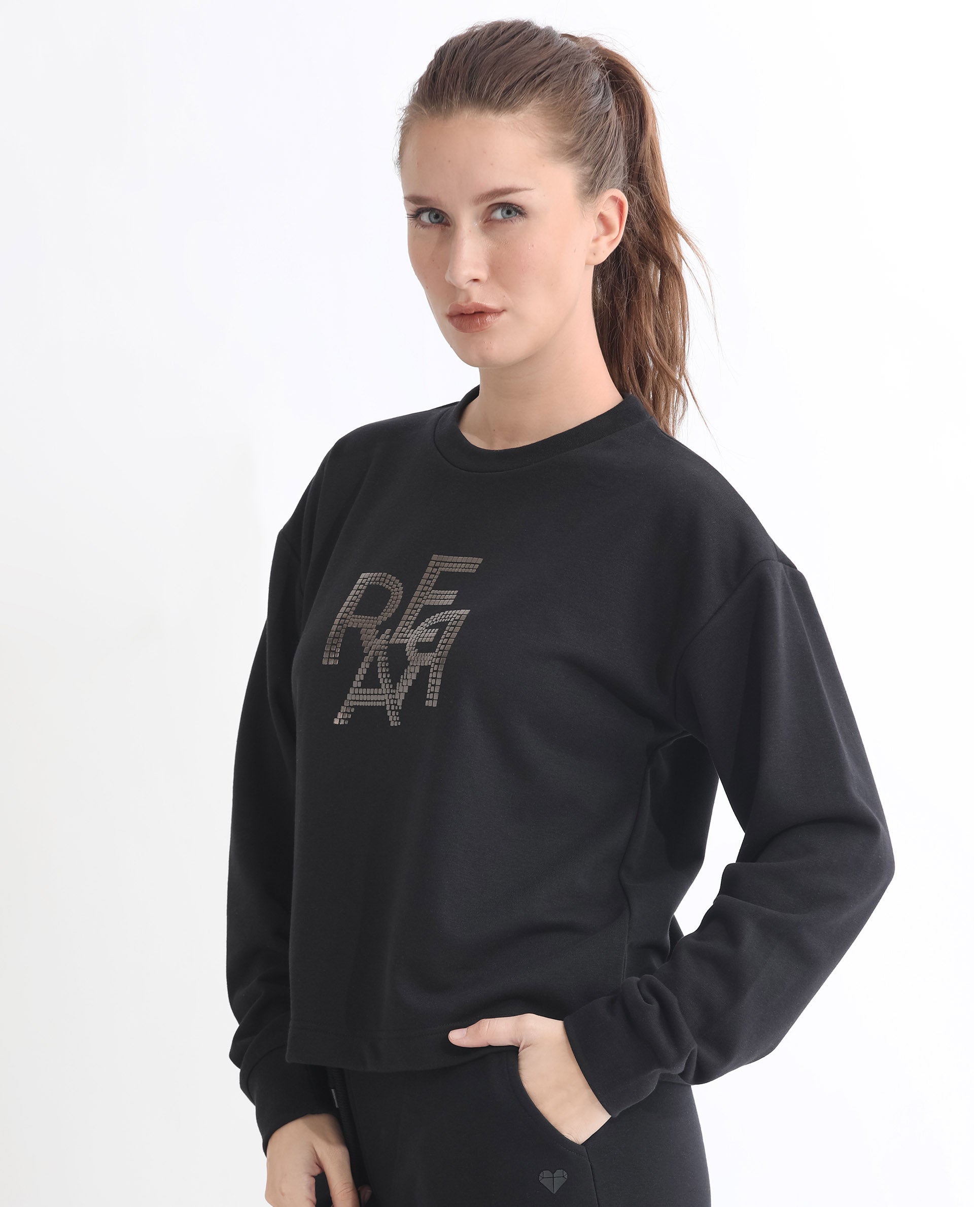 Rareism Women's Peggy Black Polyester Blend Ribbed Collar Graphic Print Cuffed Sleeve Relaxed Fit Sweatshirt