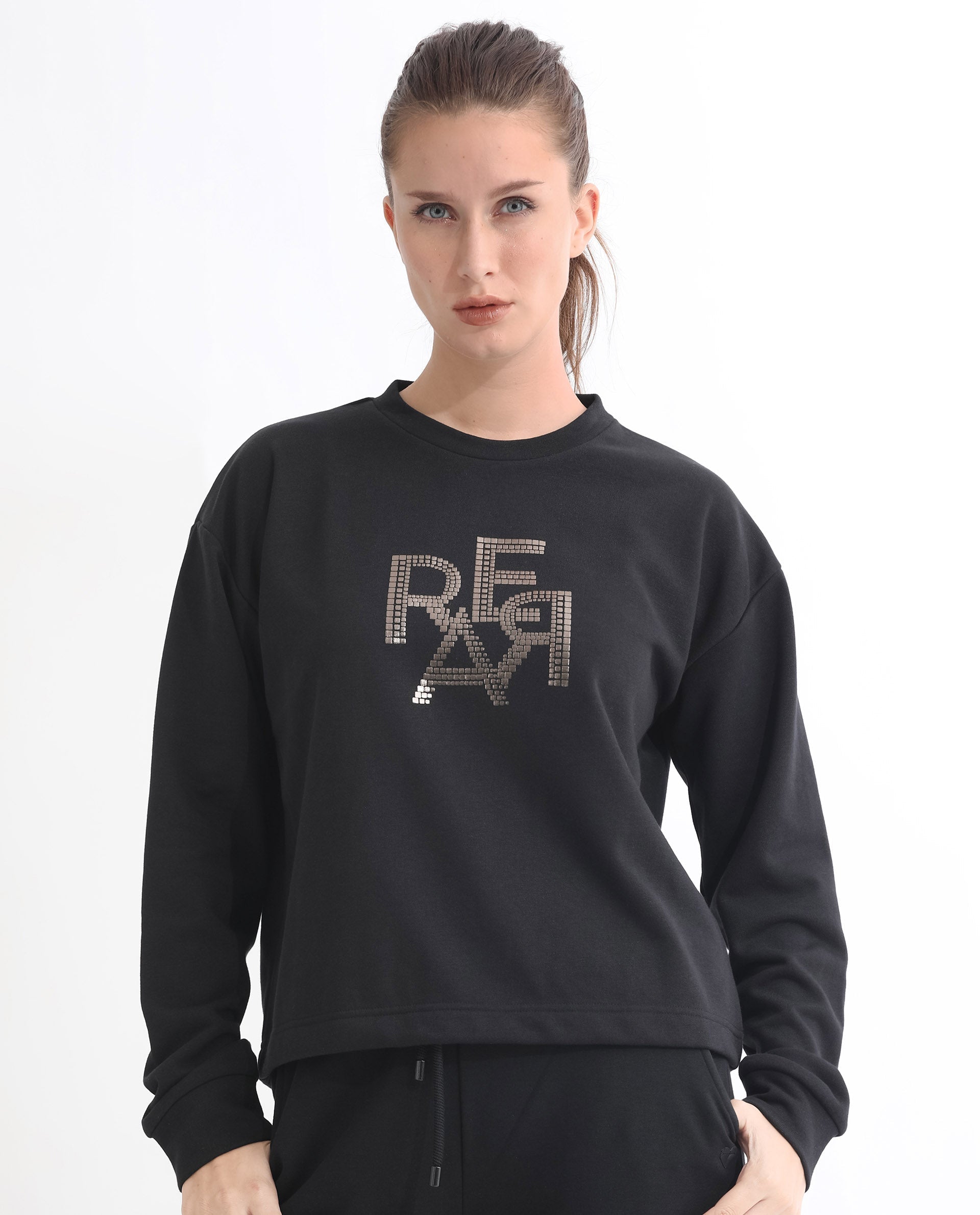 Rareism Women's Peggy Black Polyester Blend Ribbed Collar Graphic Print Cuffed Sleeve Relaxed Fit Sweatshirt