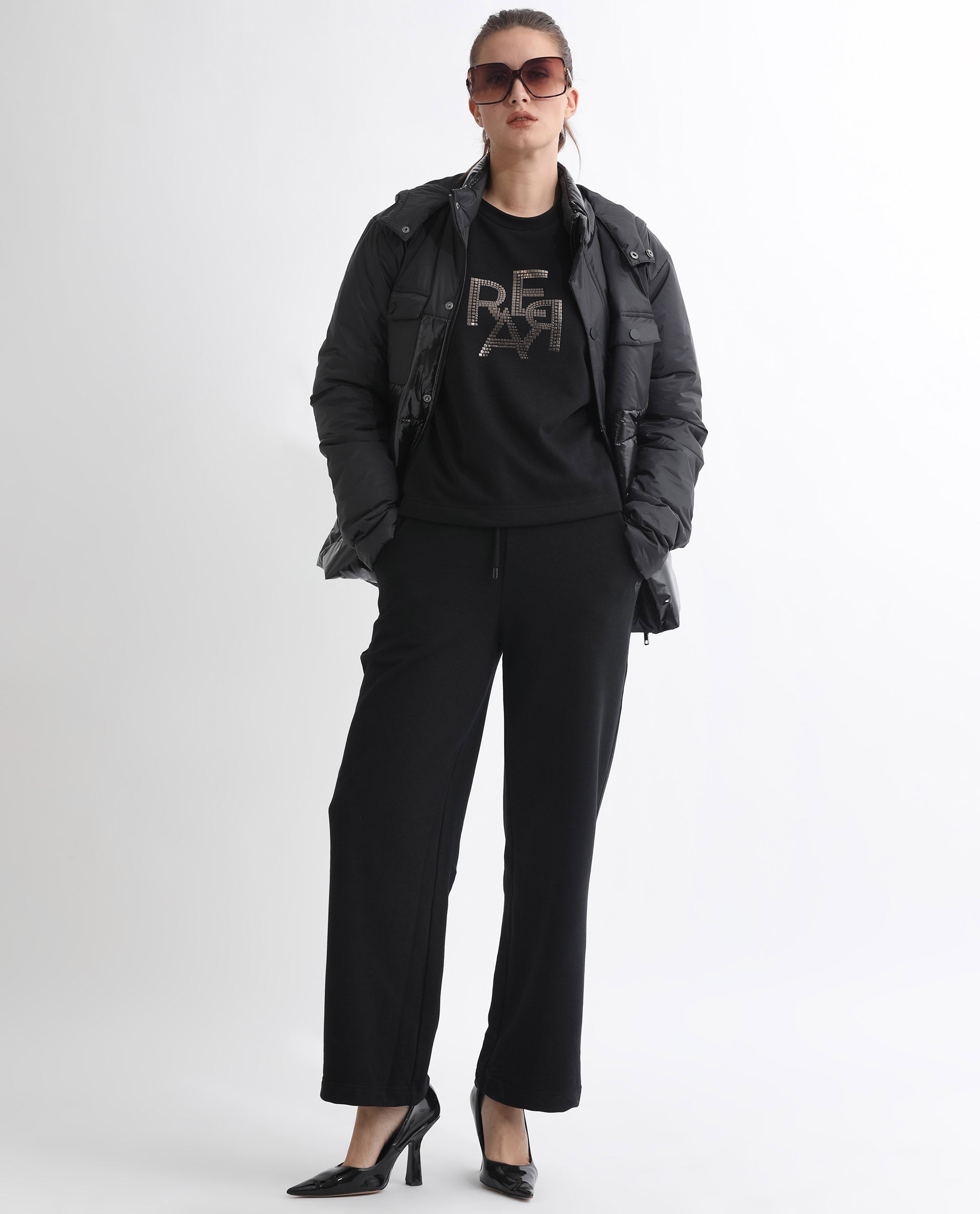 Rareism Articale Women Peggy Black Poly Cotton Fabric Full Sleeves Cuffed Sleeve Ribbed Collar Relaxed Fit Graphic Print Sweatshirt