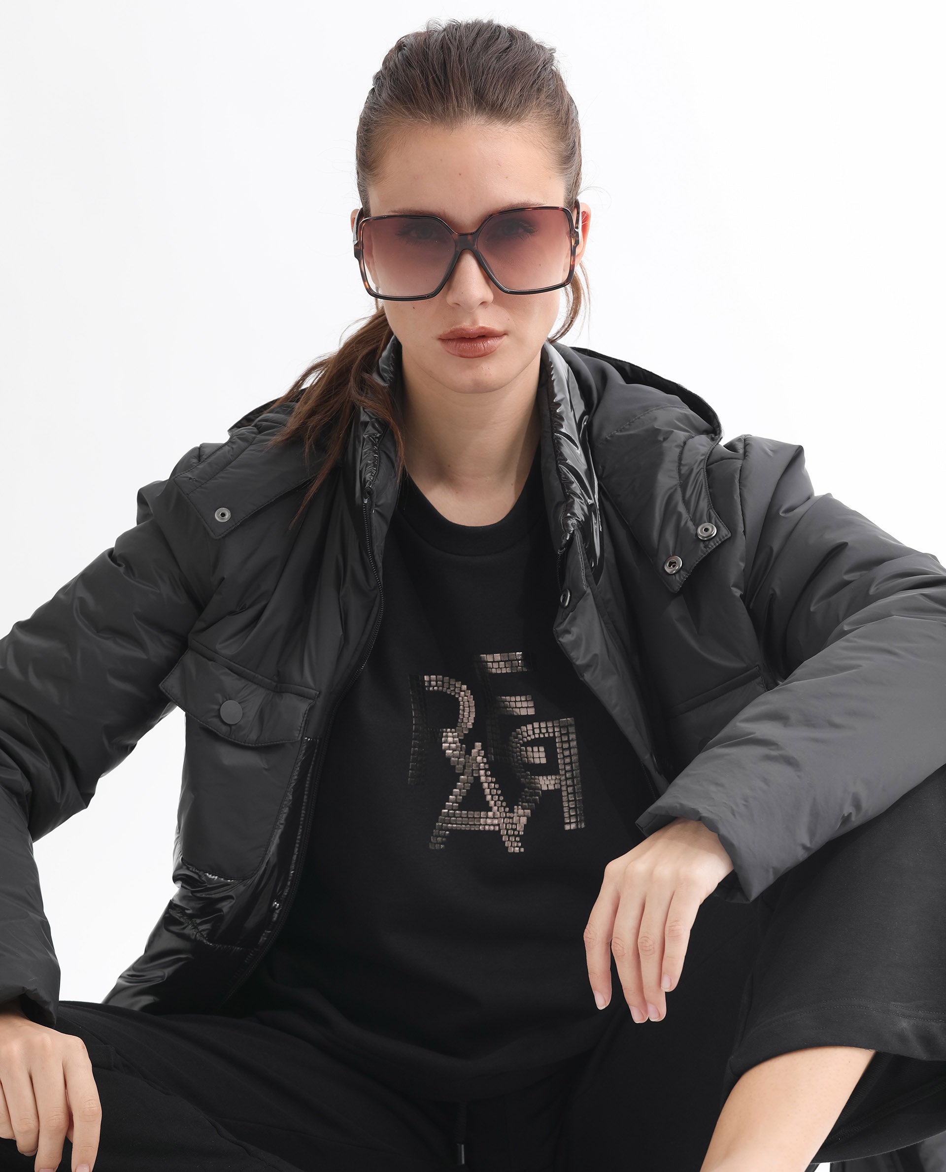 Rareism Women's Peggy Black Polyester Blend Ribbed Collar Graphic Print Cuffed Sleeve Relaxed Fit Sweatshirt