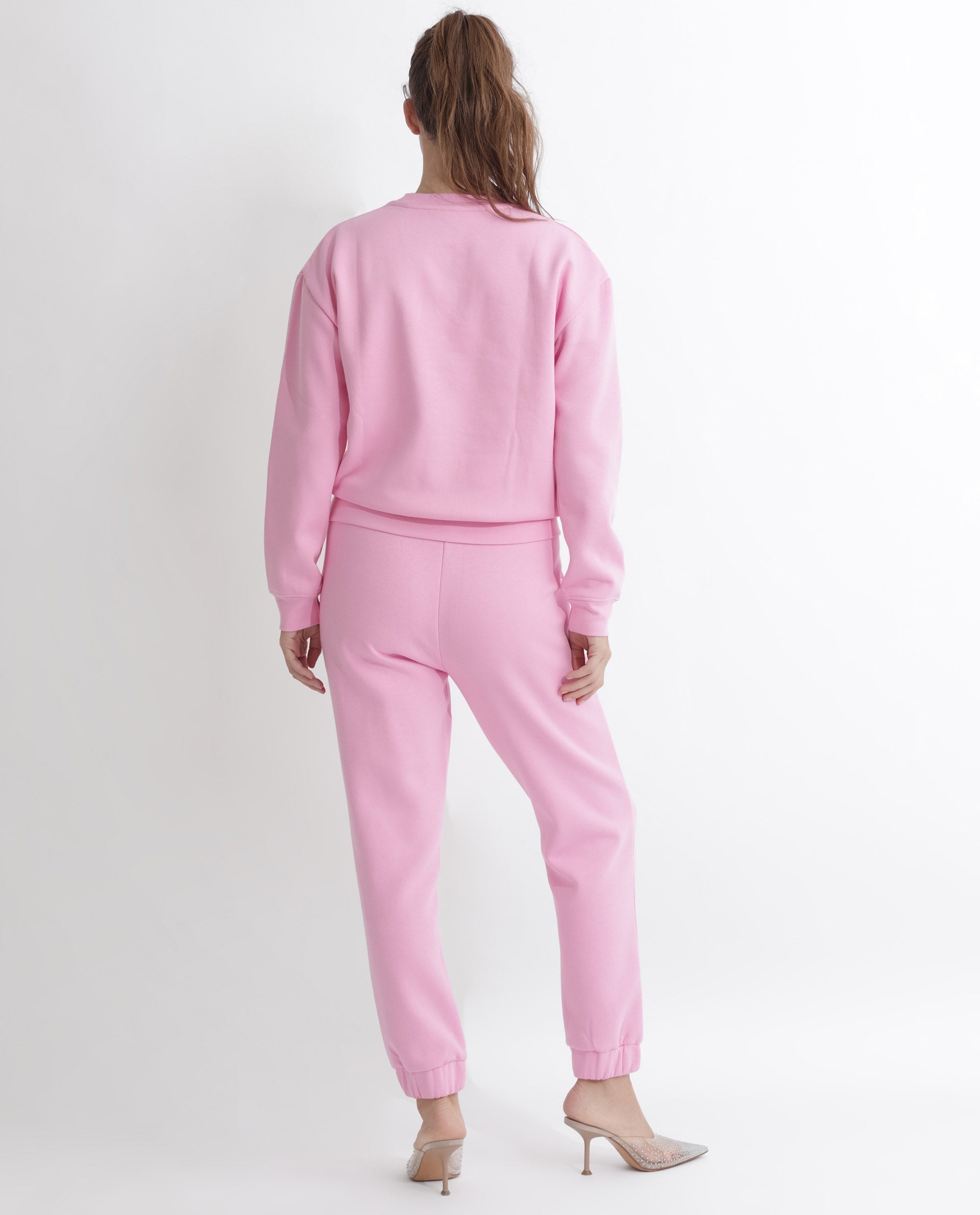 Rareism Women's Pelser Light Pink Polyester Blend Ribbed Collar Plain Cuffed Sleeve Relaxed Fit Sweatshirt