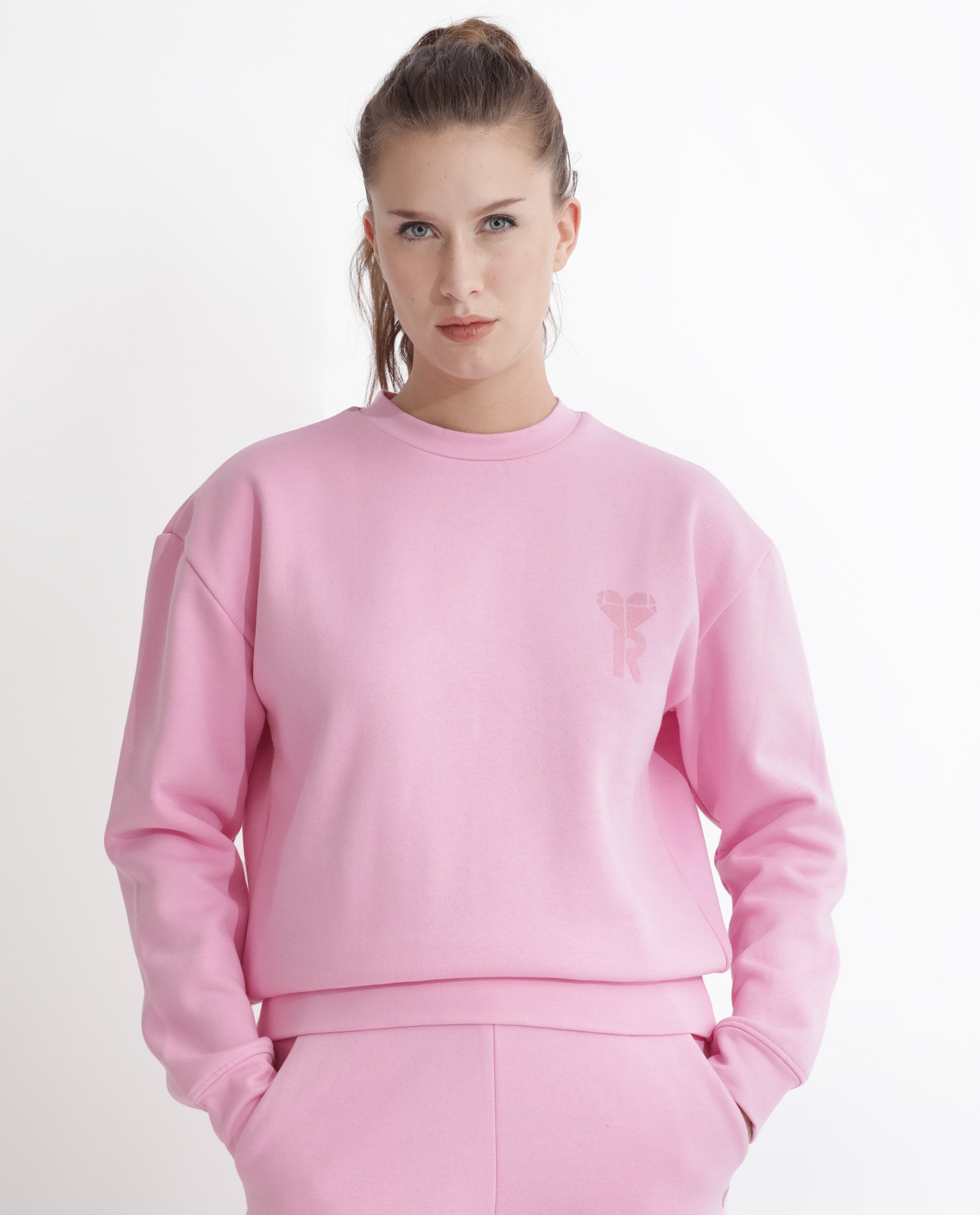 Rareism Women's Pelser Light Pink Polyester Blend Ribbed Collar Plain Cuffed Sleeve Relaxed Fit Sweatshirt