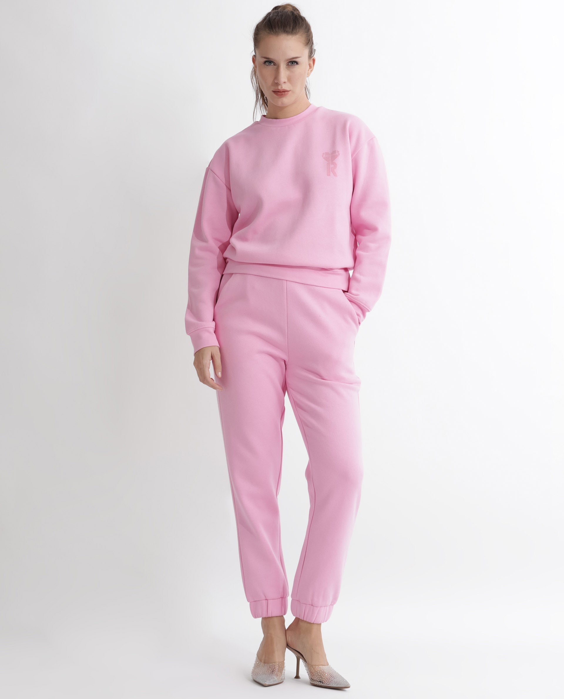 Rareism Women's Pelser Light Pink Polyester Blend Ribbed Collar Plain Cuffed Sleeve Relaxed Fit Sweatshirt