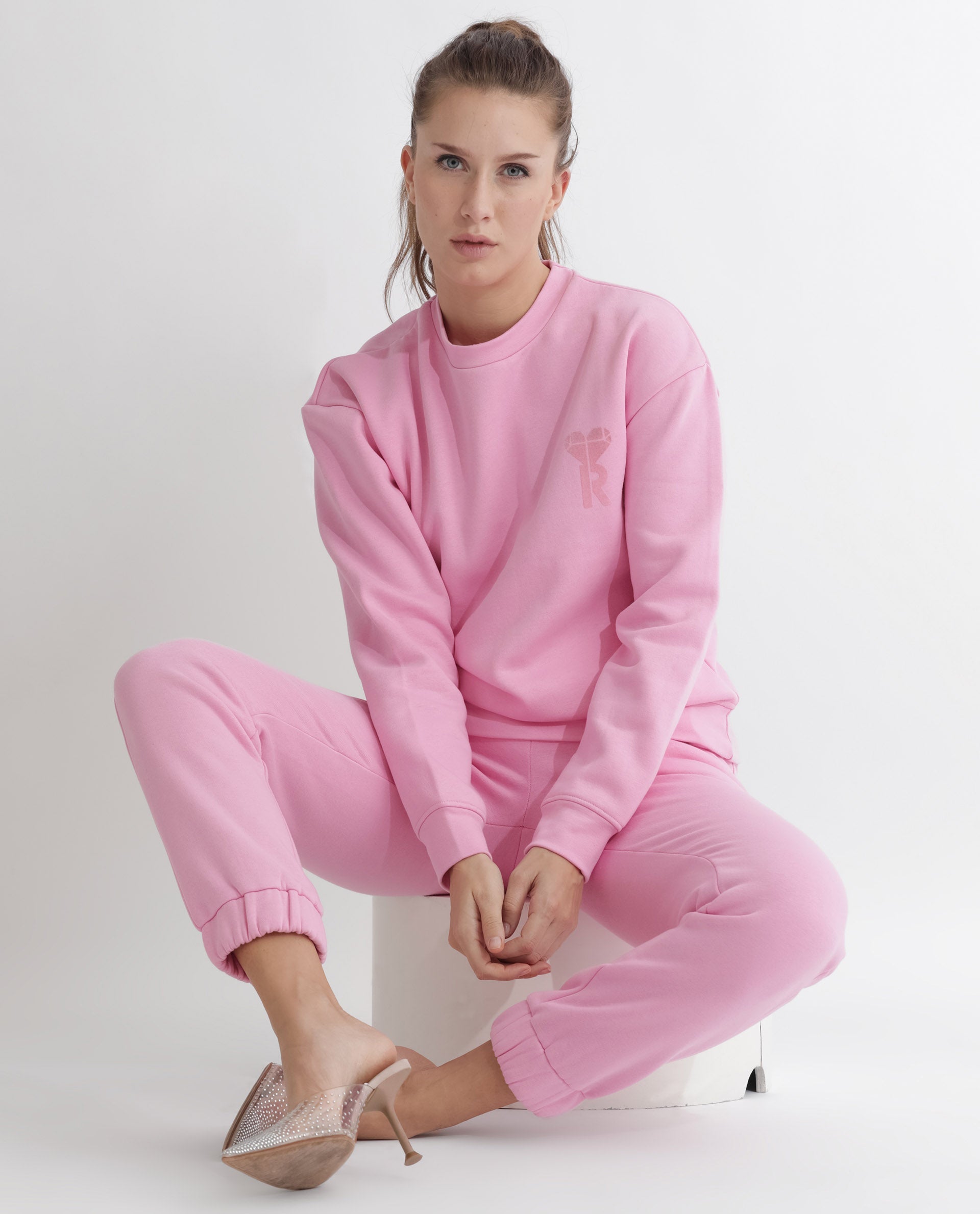 Rareism Women's Pelser Light Pink Polyester Blend Ribbed Collar Plain Cuffed Sleeve Relaxed Fit Sweatshirt