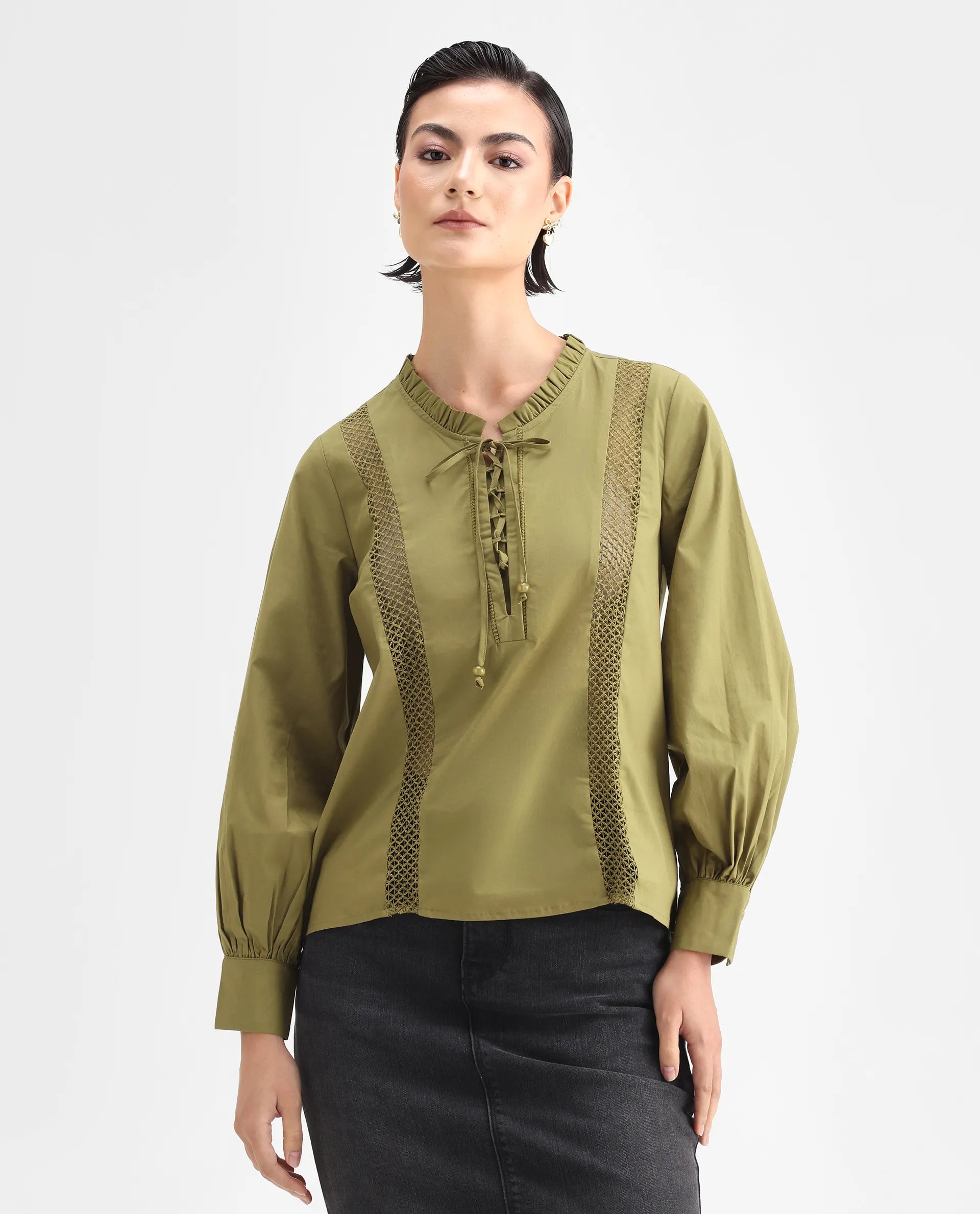 Rareism Women's Penla Light Green Cotton V-Neck Plain Cuffed Sleeve Regular Fit Top