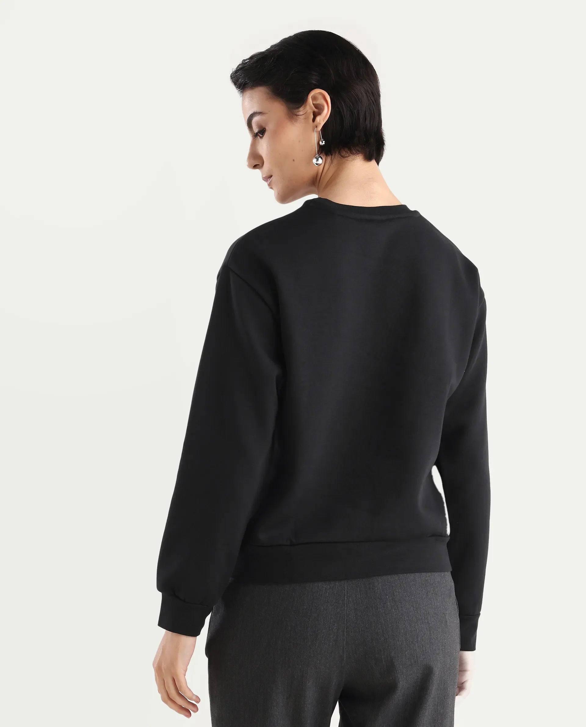 Rareism Women's Pere Black Cotton Blend Crew Neck Graphic Print Relaxed Fit Sweatshirt