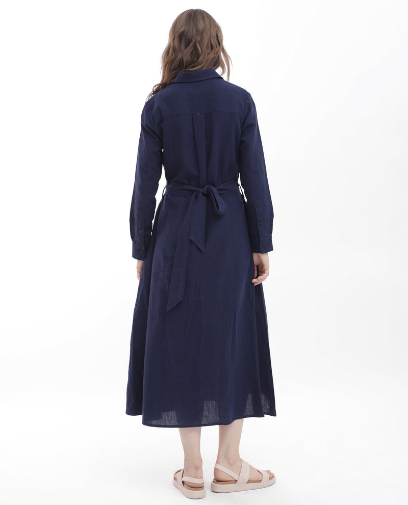 Rareism Women Perif Dark Navy Cotton Linen Fabric Regular Sleeves Collared Neck Solid Longline Dress