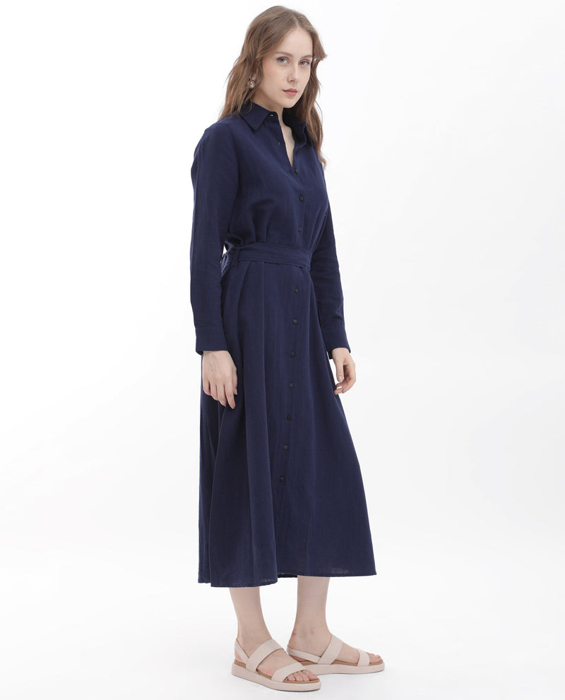 Rareism Women Perif Dark Navy Cotton Linen Fabric Regular Sleeves Collared Neck Solid Longline Dress