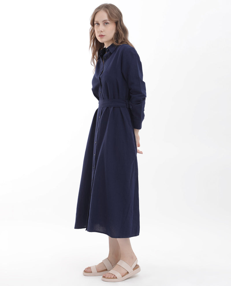 Rareism Women Perif Dark Navy Cotton Linen Fabric Regular Sleeves Collared Neck Solid Longline Dress