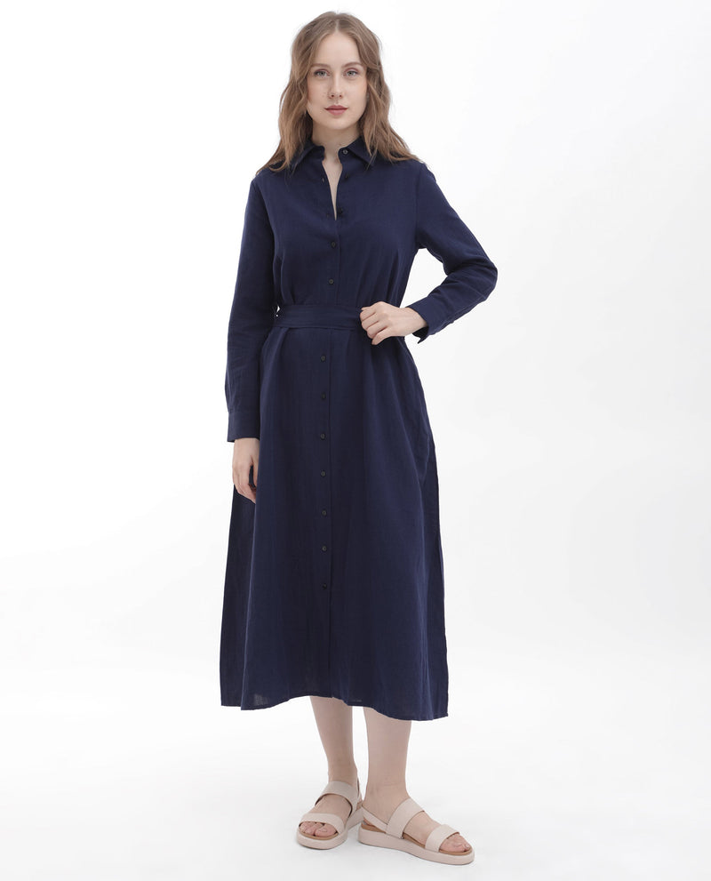 Rareism Women Perif Dark Navy Cotton Linen Fabric Regular Sleeves Collared Neck Solid Longline Dress