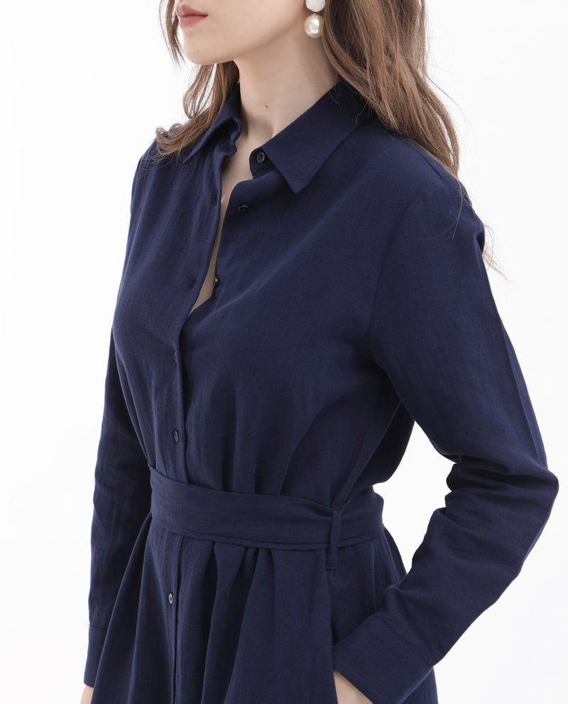 Rareism Women Perif Dark Navy Cotton Linen Fabric Regular Sleeves Collared Neck Solid Longline Dress