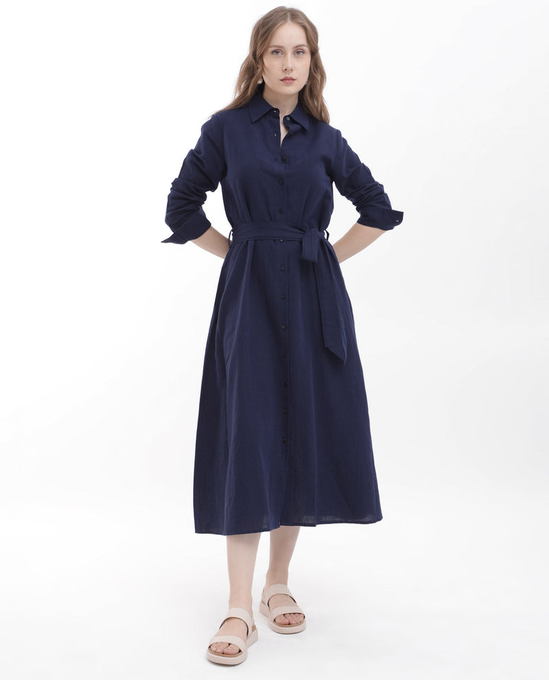 Rareism Women Perif Dark Navy Cotton Linen Fabric Regular Sleeves Collared Neck Solid Longline Dress