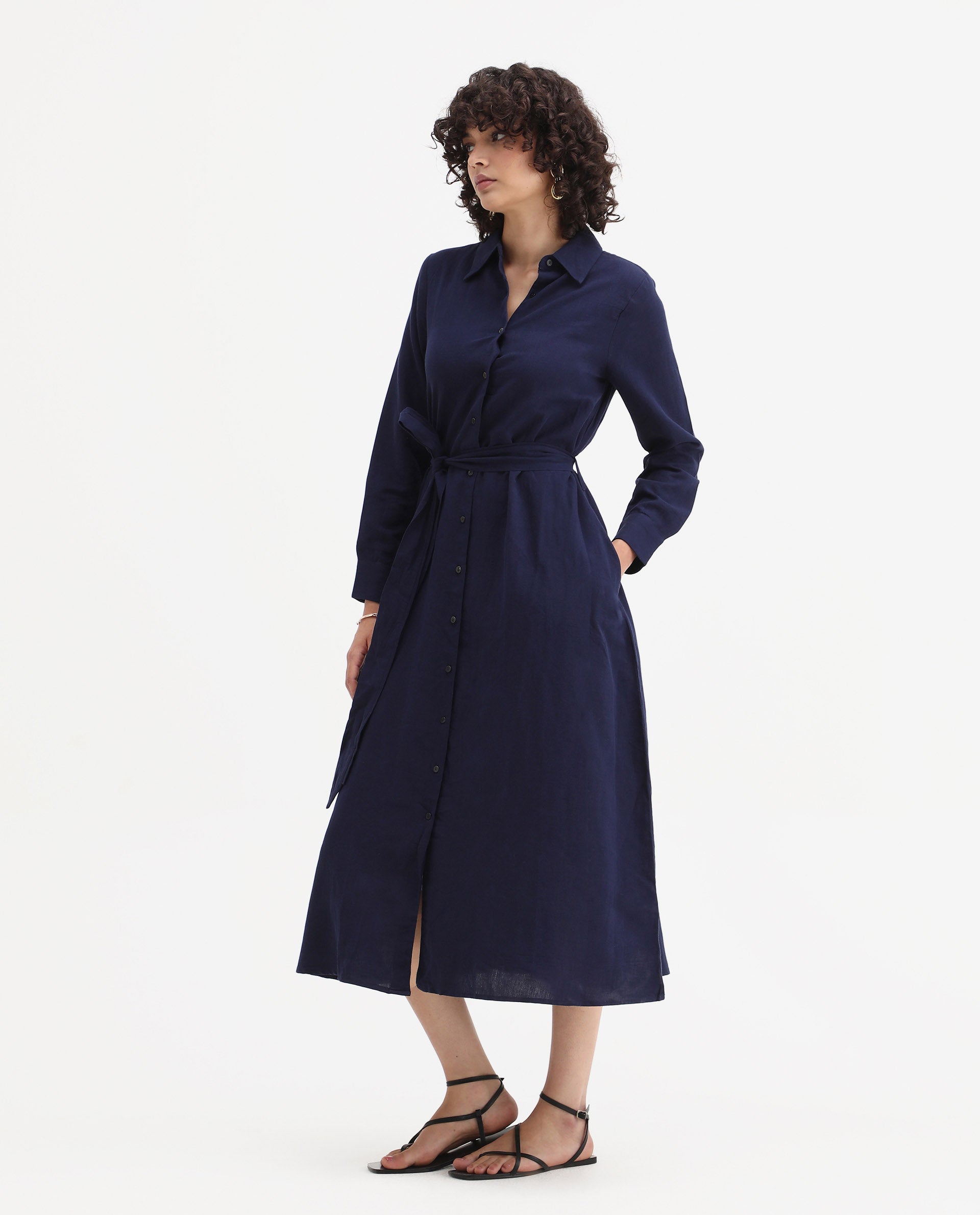 Rareism Women's Perif Dark Navy Linen Blend Drop Collar Plain Cuffed Sleeve Midi A-Line Dress