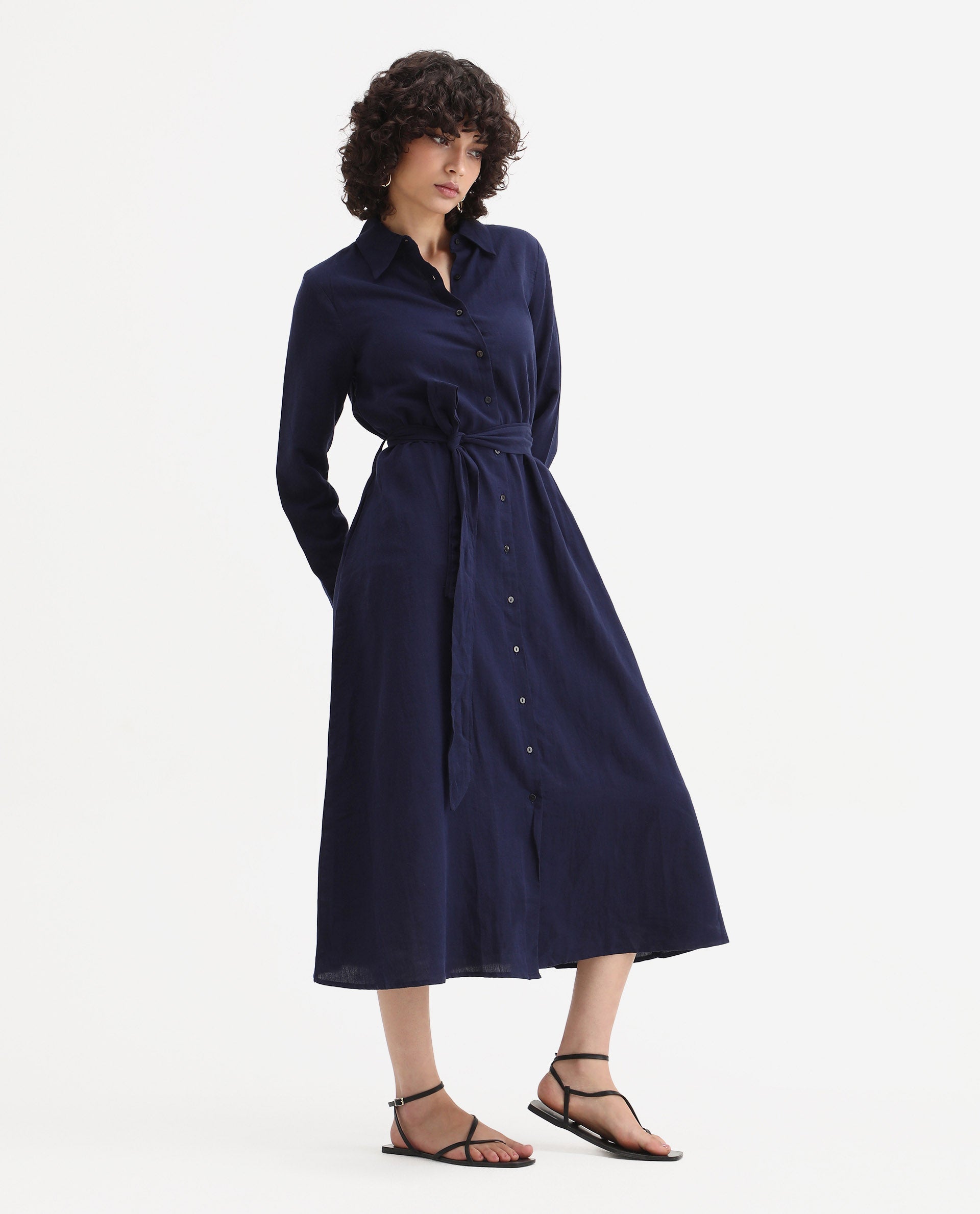 Rareism Women's Perif Dark Navy Linen Blend Drop Collar Plain Cuffed Sleeve Midi A-Line Dress
