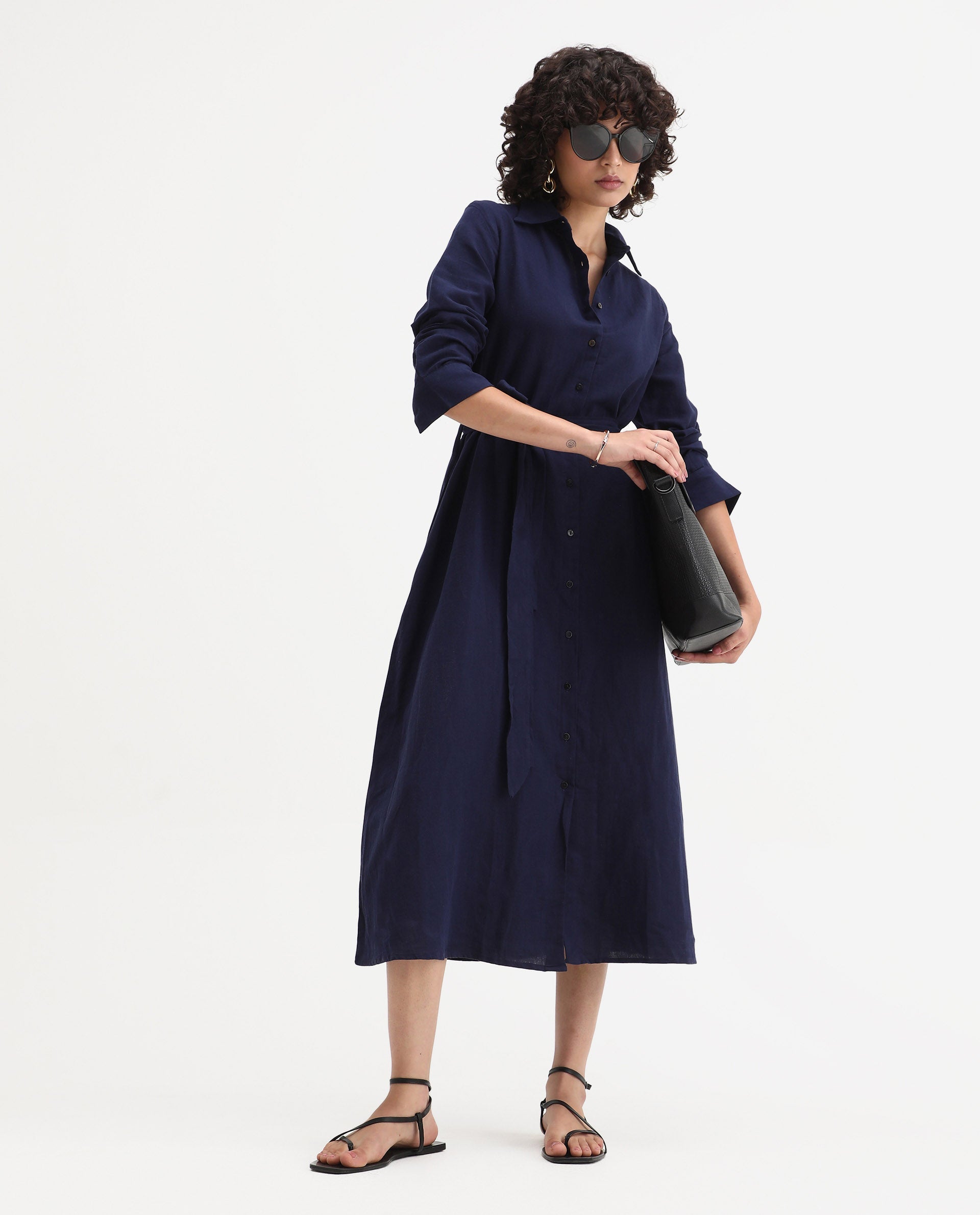 Rareism Women's Perif Dark Navy Linen Blend Drop Collar Plain Cuffed Sleeve Midi A-Line Dress