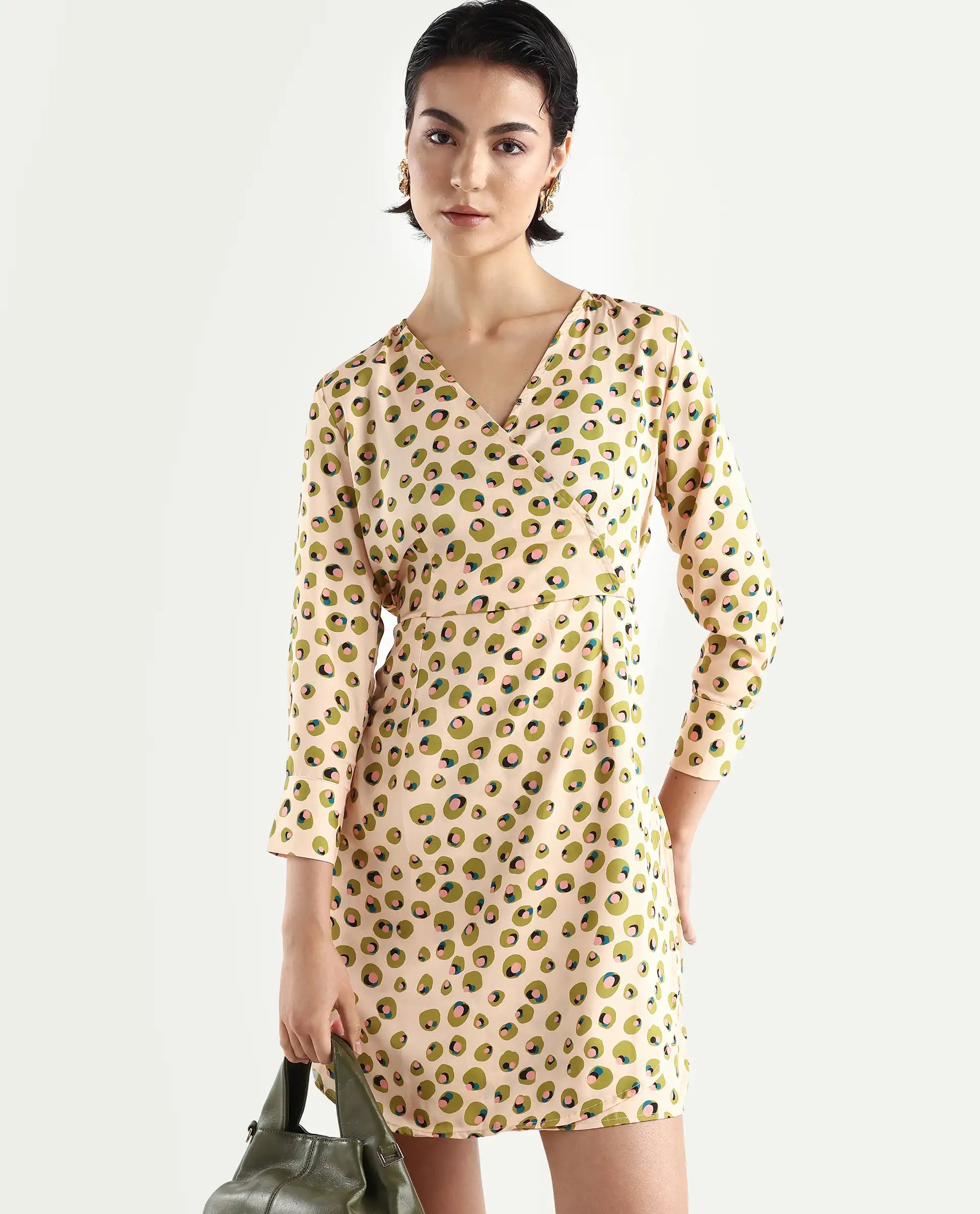 Rareism Women's Perk Peach Collarless Abstract Print Knee Length Regular Fit Dress