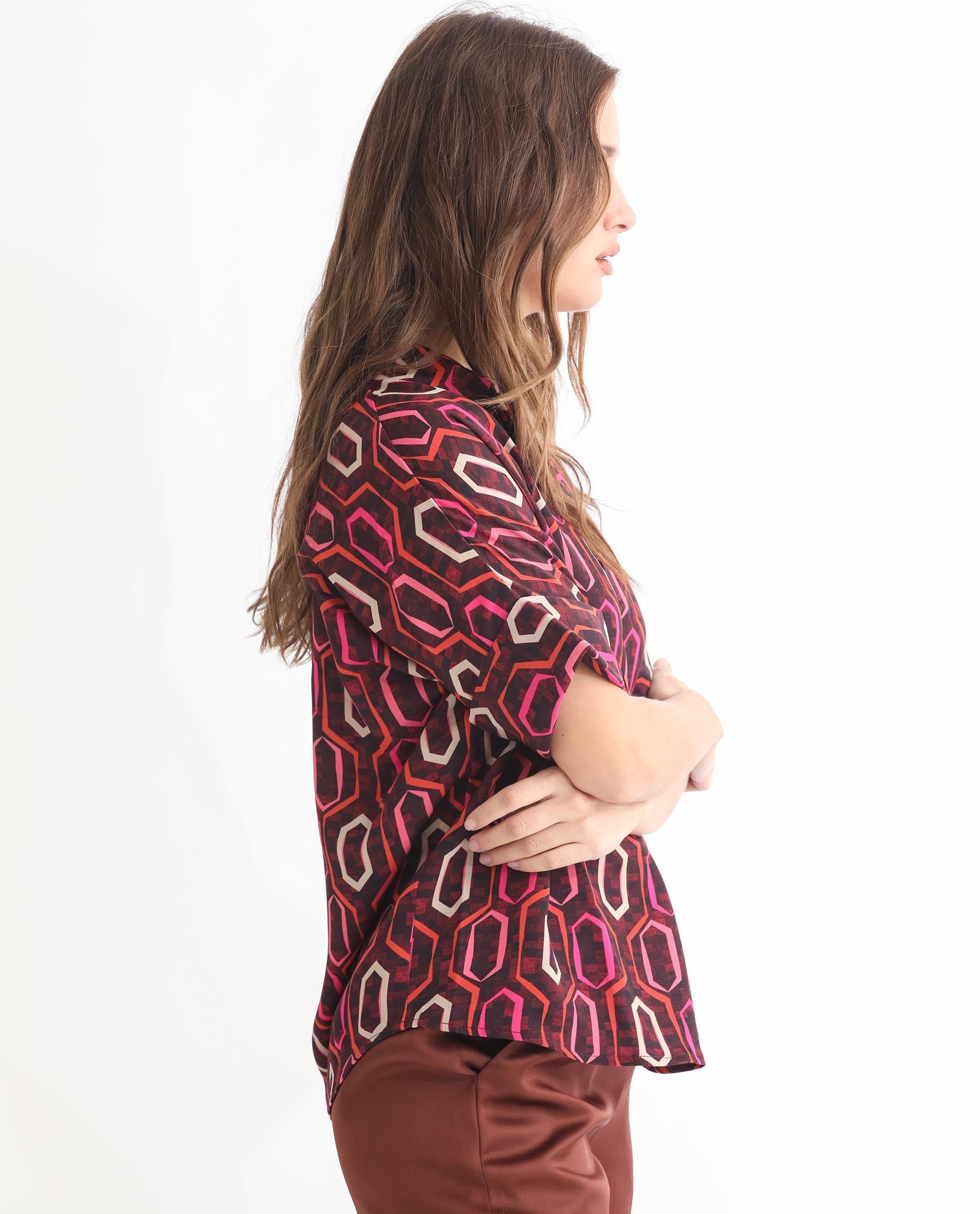 Rareism Women's Peru Brown Polyester Drop Collar Geometric Print Cuffed Sleeve Relaxed Fit Top