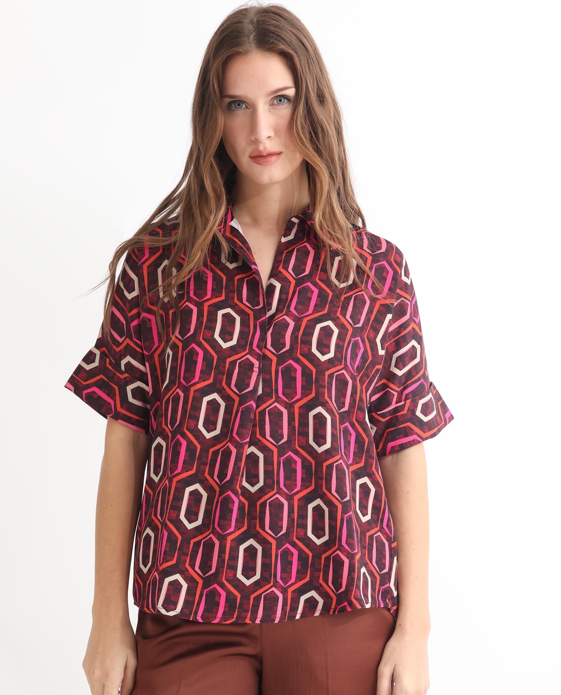 Rareism Women's Peru Brown Polyester Drop Collar Geometric Print Cuffed Sleeve Relaxed Fit Top