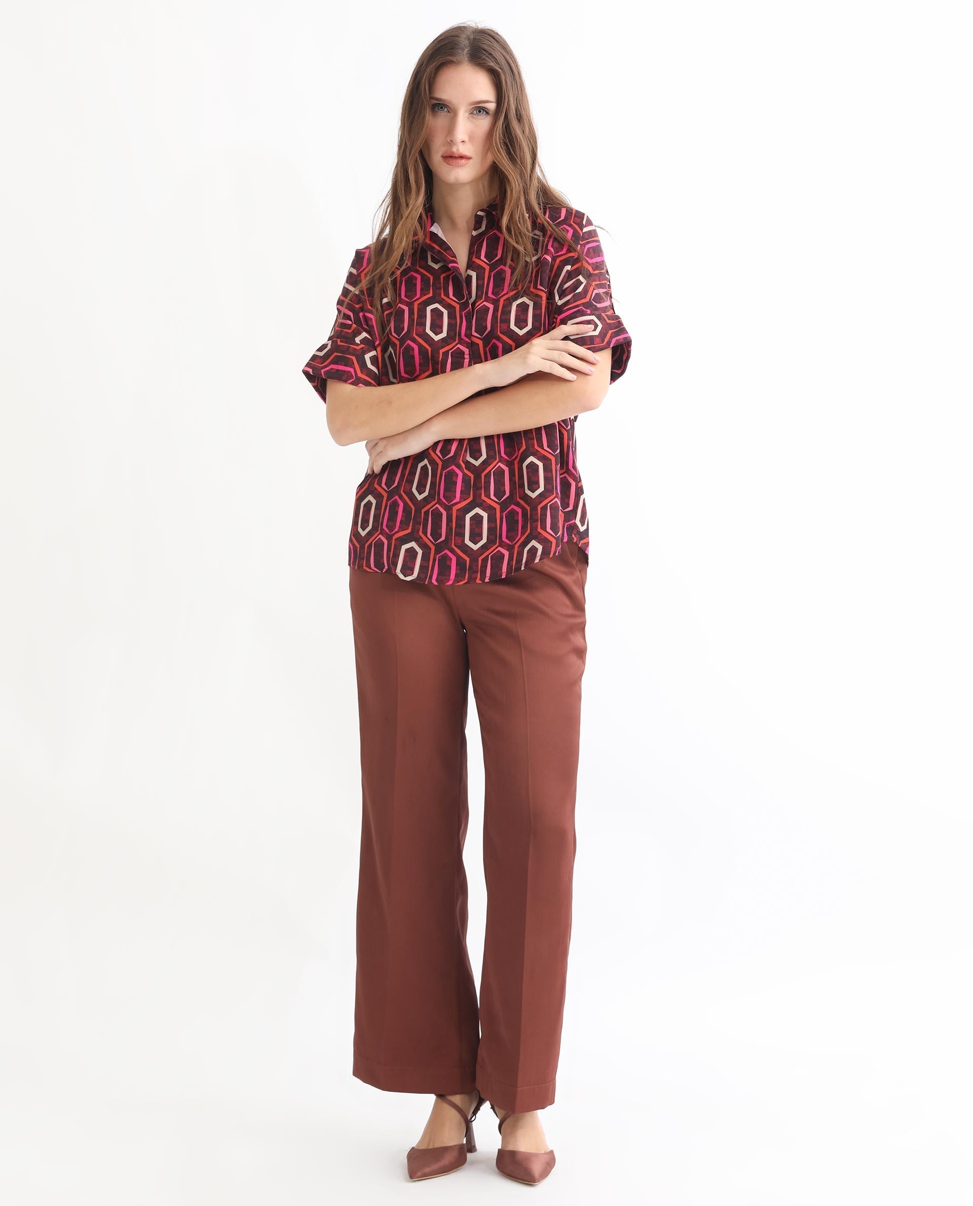 Rareism Women's Peru Brown Polyester Drop Collar Geometric Print Cuffed Sleeve Relaxed Fit Top
