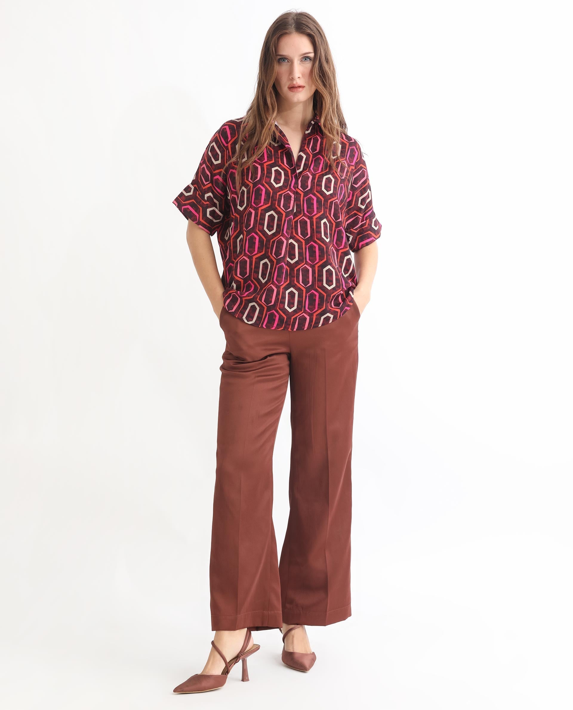Rareism Women's Peru Brown Polyester Drop Collar Geometric Print Cuffed Sleeve Relaxed Fit Top
