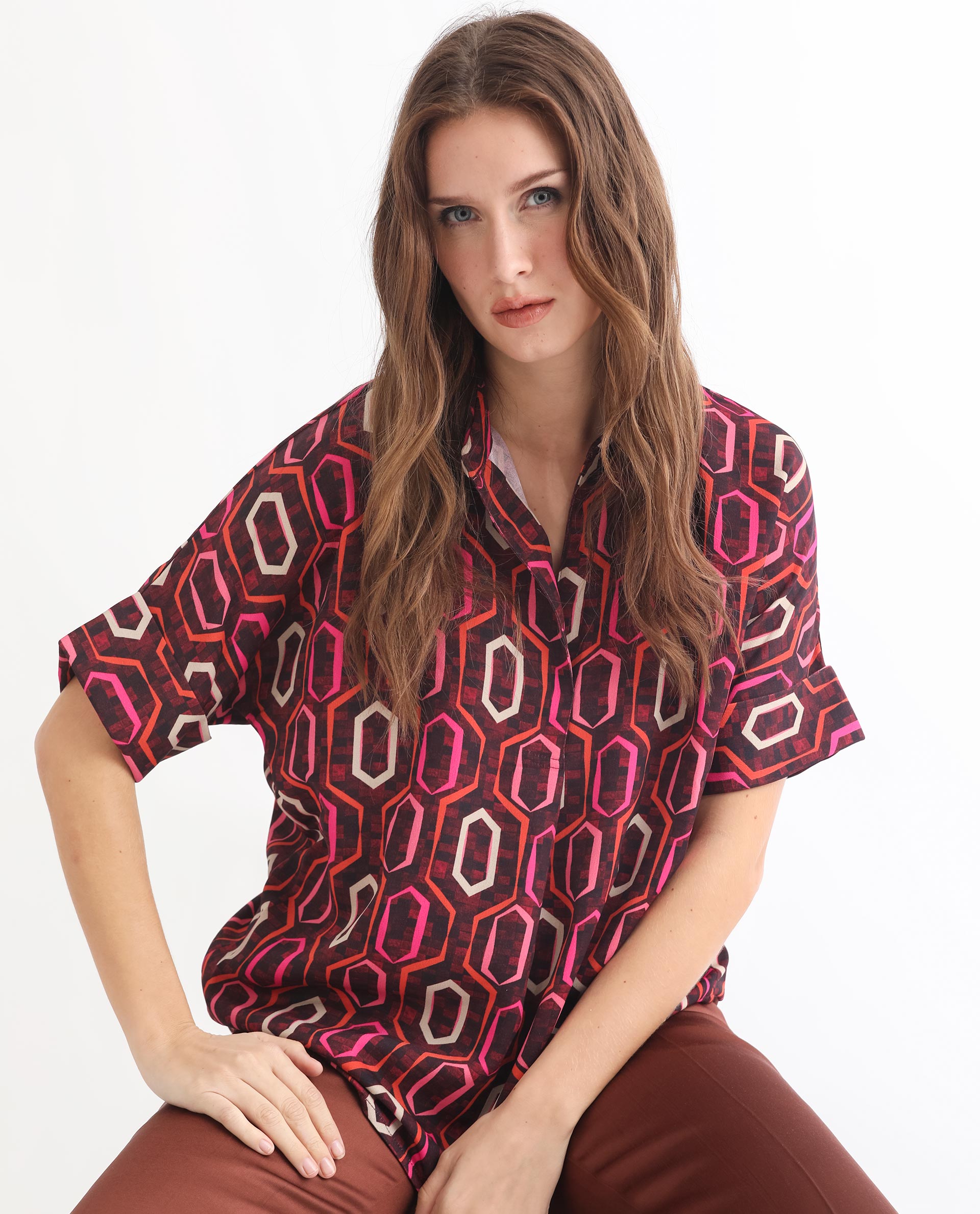 Rareism Women's Peru Brown Polyester Drop Collar Geometric Print Cuffed Sleeve Relaxed Fit Top