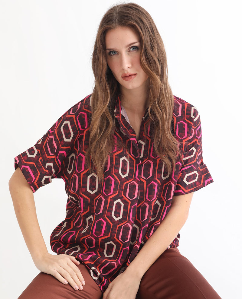 Rareism Women Peru Brown Polyester Fabric Short Sleeves Button Closure Drop Collar Cuffed Sleeve Relaxed Fit Geometric Print Top