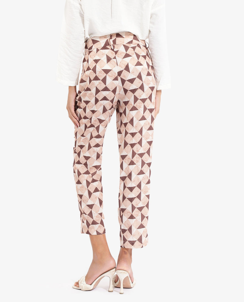 Rareism Women Perugia Light Brown  Tapered Fit Ankle Length Geometric Print Trouser