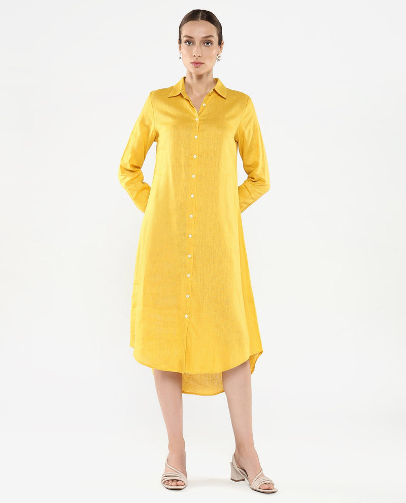 Rareism Women Peruvian Yellow Cotton Linen Fabric Full Sleeve Collared Neck Solid Regular Length Dress