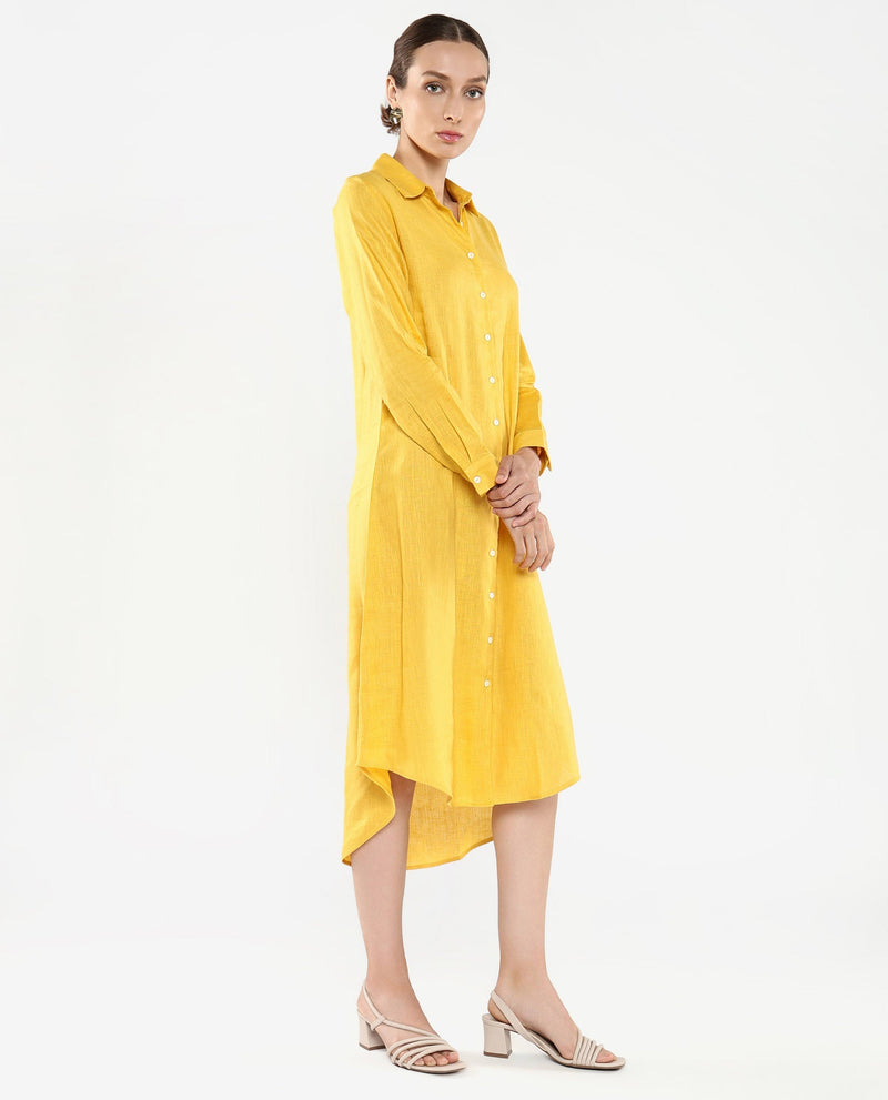 Rareism Women Peruvian Yellow Cotton Linen Fabric Full Sleeve Collared Neck Solid Regular Length Dress