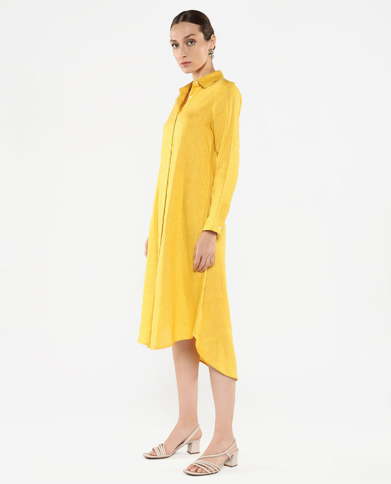 Rareism Women Peruvian Yellow Cotton Linen Fabric Full Sleeve Collared Neck Solid Regular Length Dress