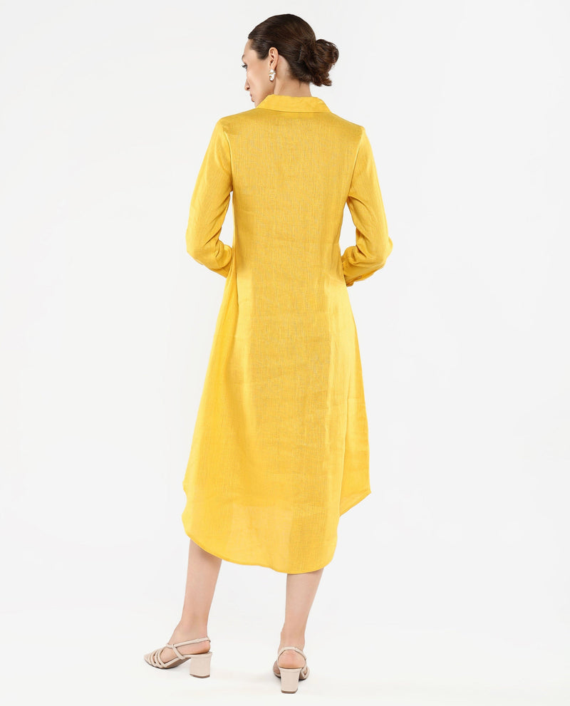 Rareism Women Peruvian Yellow Cotton Linen Fabric Full Sleeve Collared Neck Solid Regular Length Dress