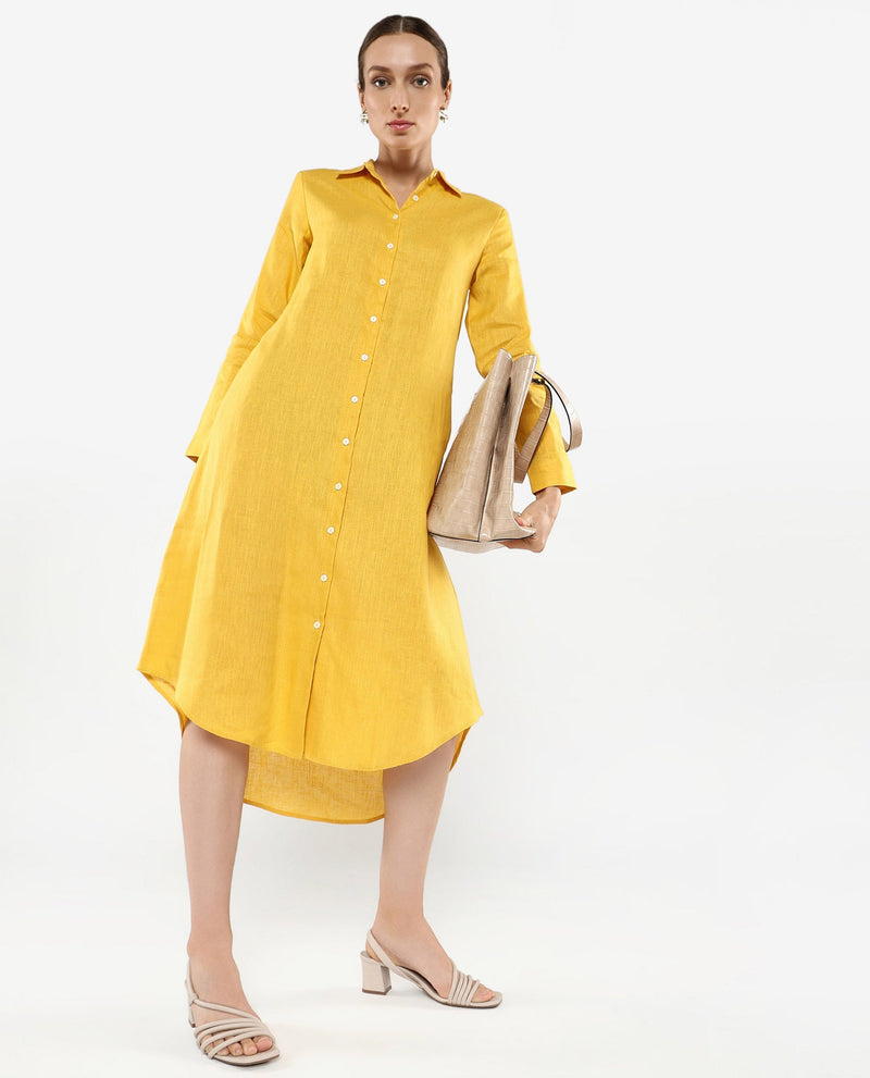 Rareism Women Peruvian Yellow Cotton Linen Fabric Full Sleeve Collared Neck Solid Regular Length Dress